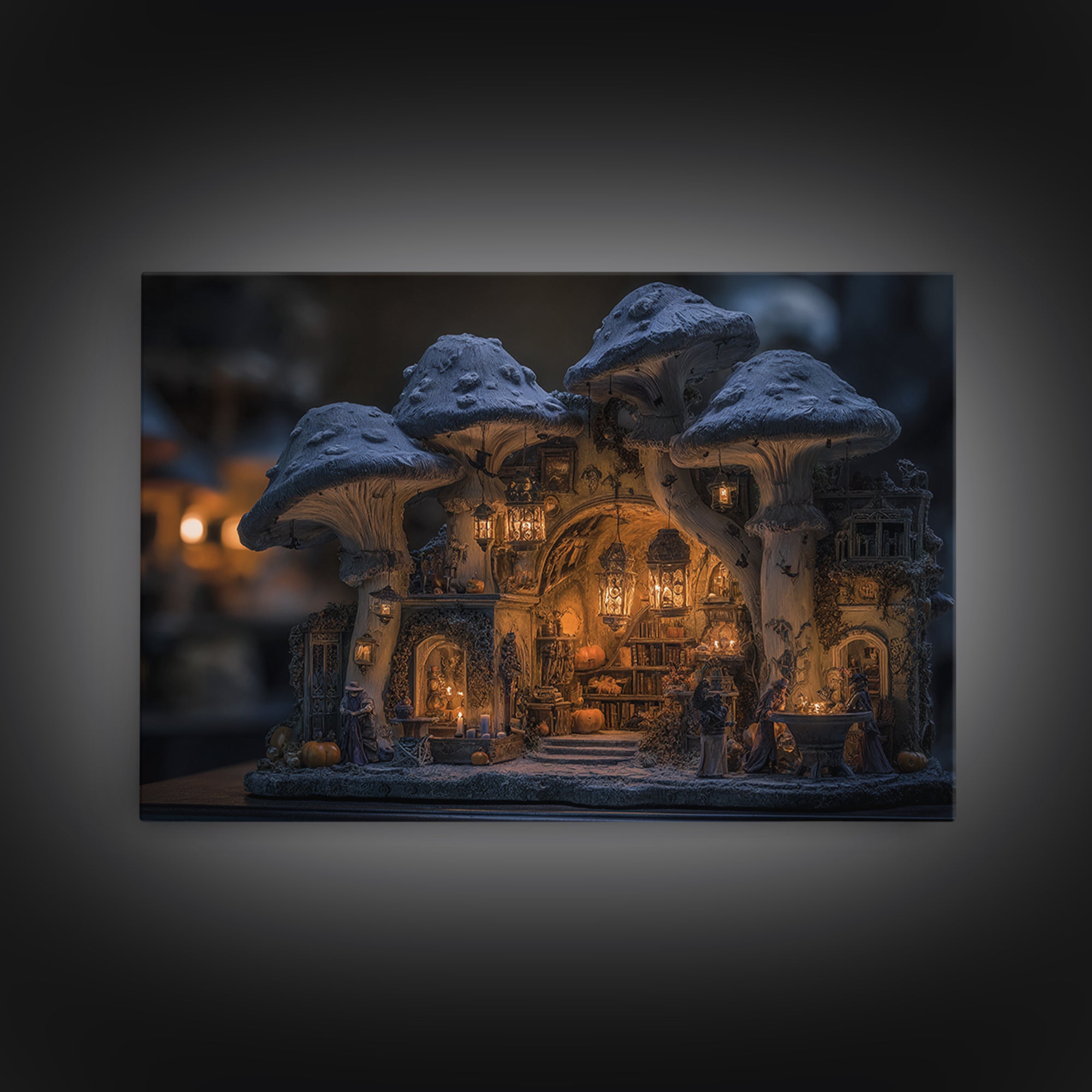 The Moonlit Mushroom Village, Landscape Wall Art, Dark Fantasy Wall Art, Canvas Print, Halloween Wall Decor, Gothic Home Decor