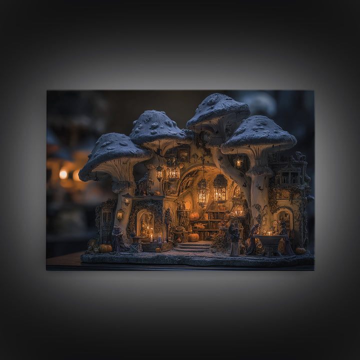 The Moonlit Mushroom Village, Landscape Wall Art, Dark Fantasy Wall Art, Canvas Print, Halloween Wall Decor, Gothic Home Decor