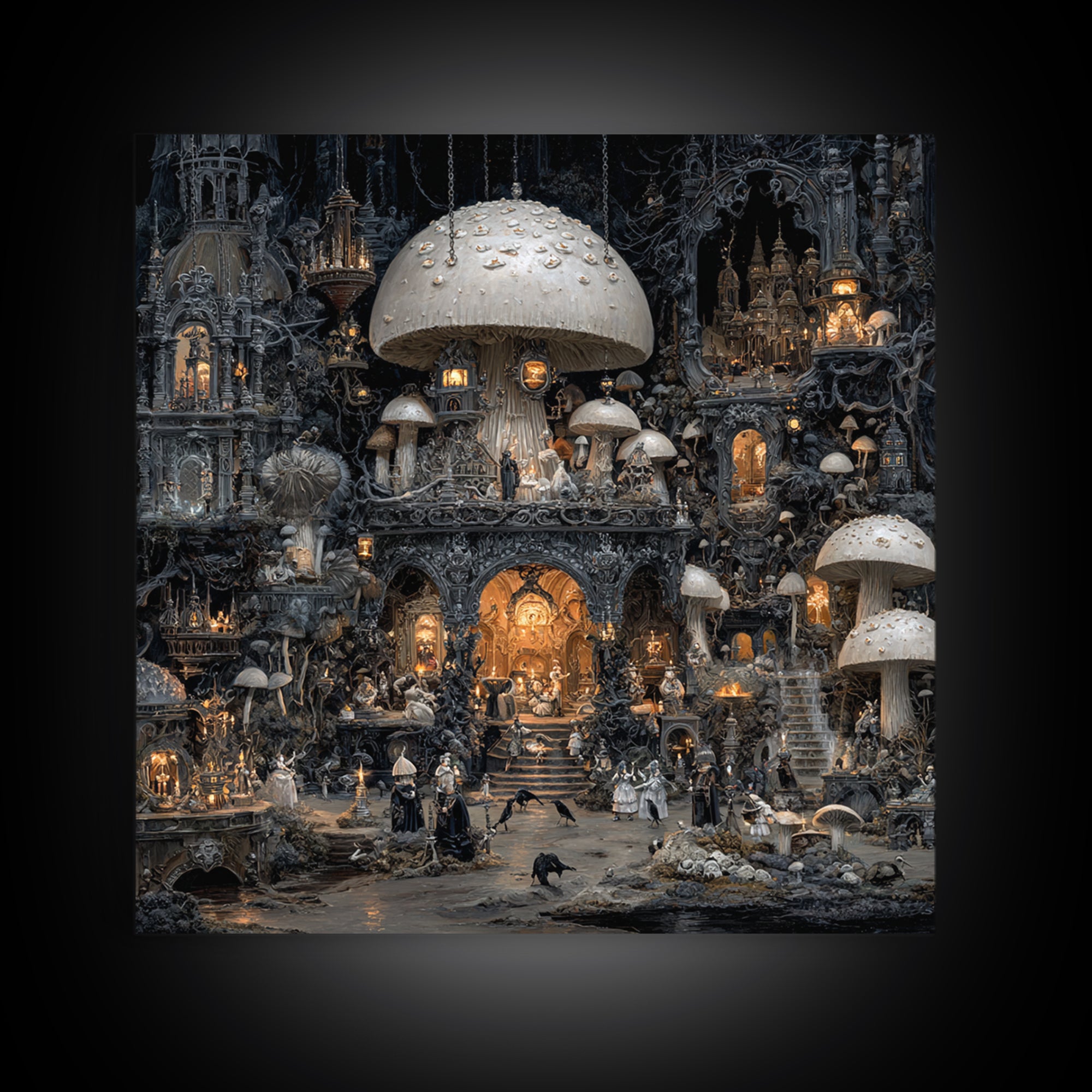 The Moonlit Mushroom Village, Square Wall Art, Dark Halloween Decor, Canvas Print, Halloween Wall Decor, Gothic Home Decor