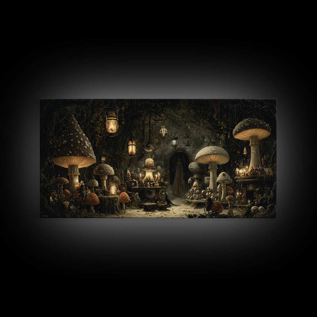 The Moonlit Mushroom Village, Wide Panoramic Art, Macabre Wall Art, Framed Canvas Print, Halloween Wall Decor, Gothic Home Decor