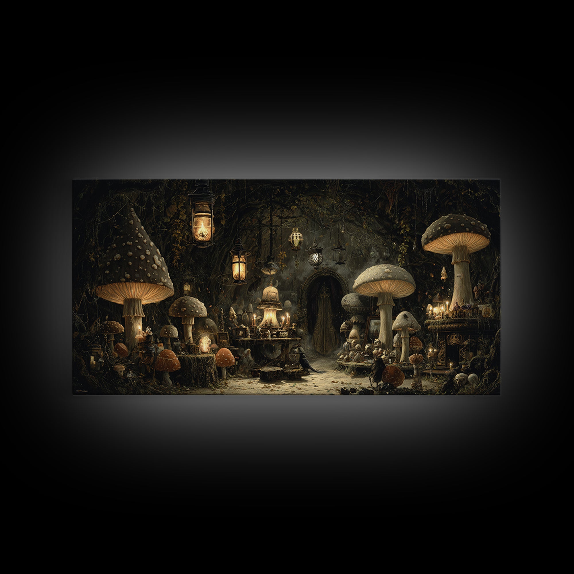 The Moonlit Mushroom Village, Wide Panoramic Art, Macabre Wall Art, Framed Canvas Print, Halloween Wall Decor, Gothic Home Decor