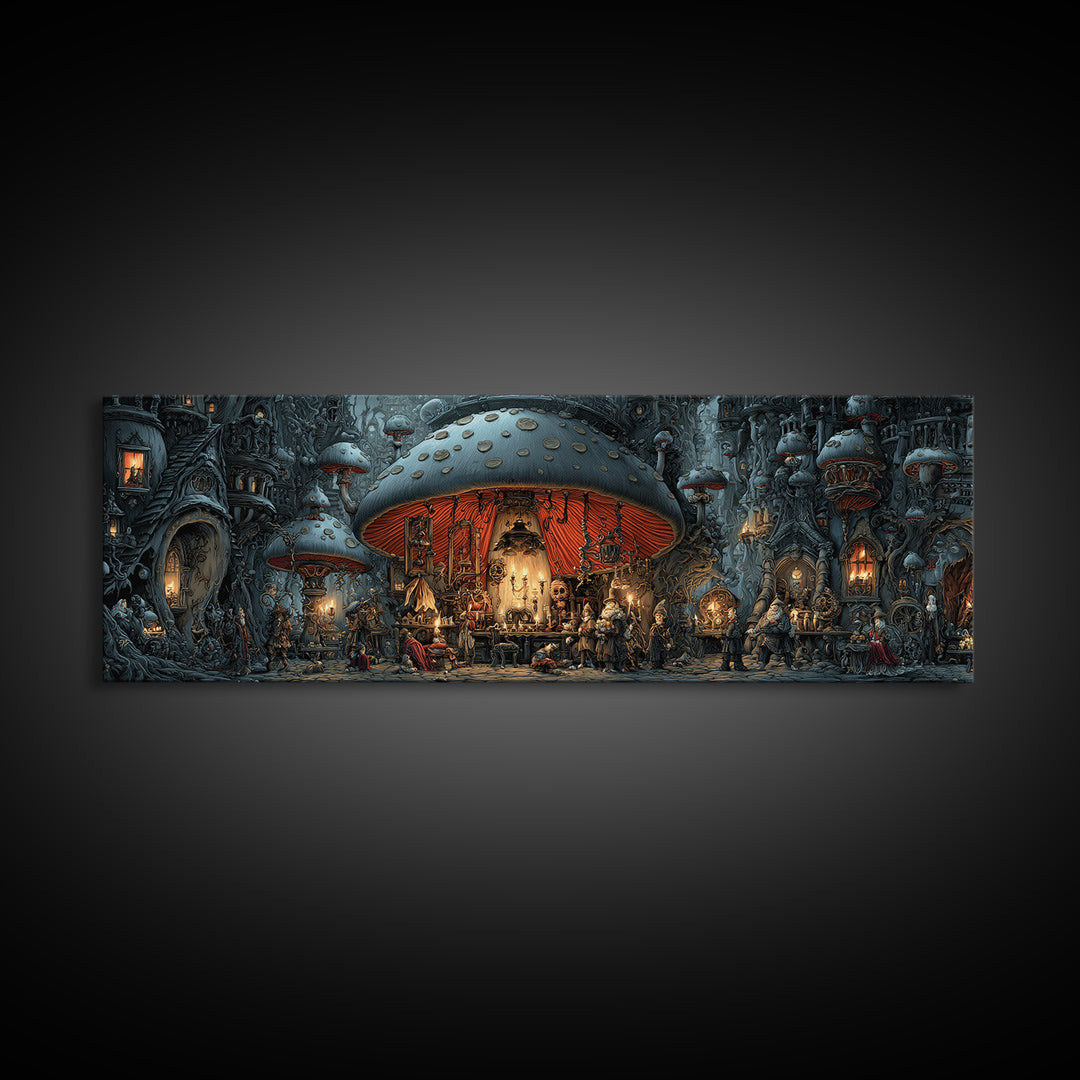 The Moonlit Mushroom Village, Extra Wide Wall Art, Gothic Horror Wall Art, Framed Canvas Print, Halloween Wall Decor, Gothic Home Decor