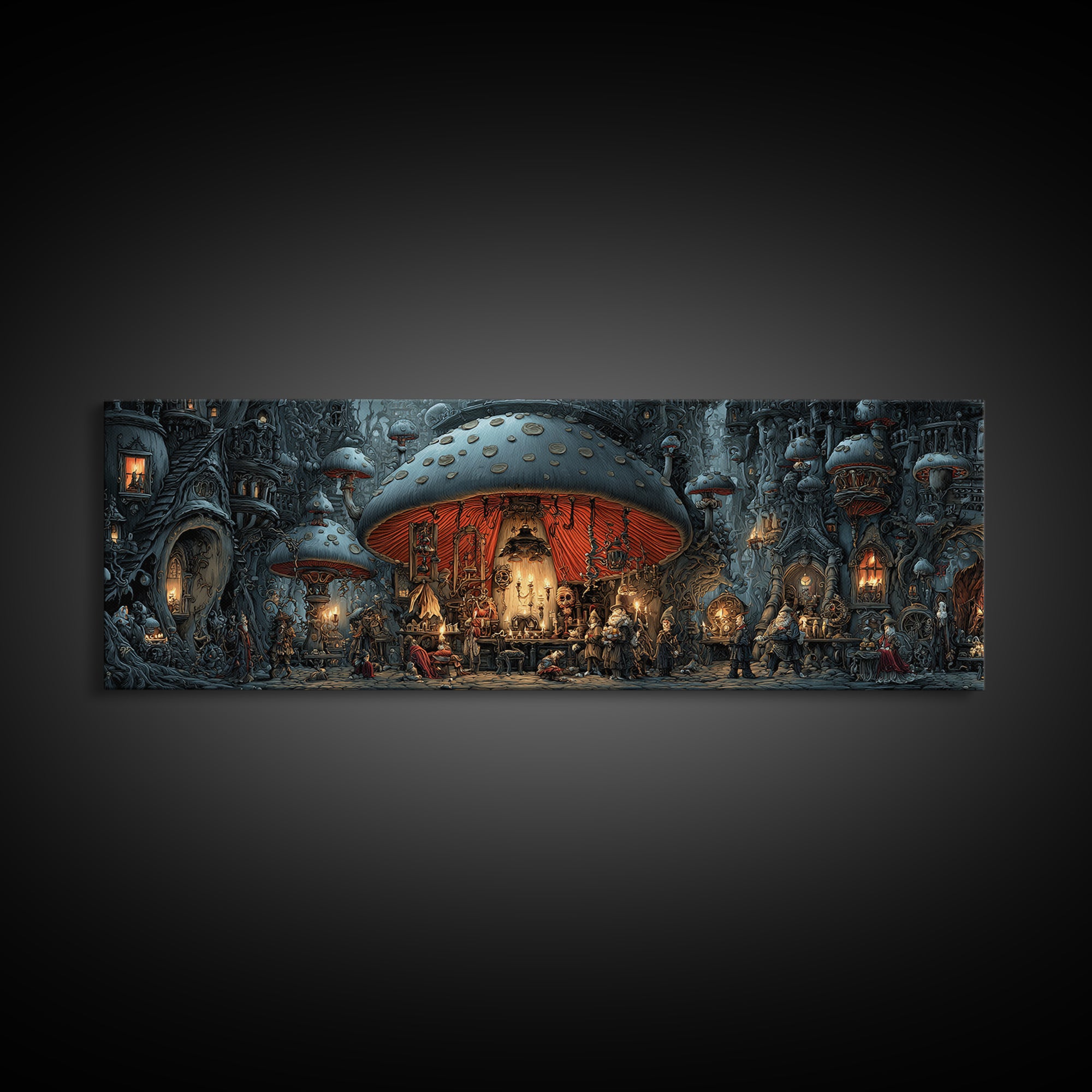 The Moonlit Mushroom Village, Extra Wide Wall Art, Gothic Horror Wall Art, Framed Canvas Print, Halloween Wall Decor, Gothic Home Decor