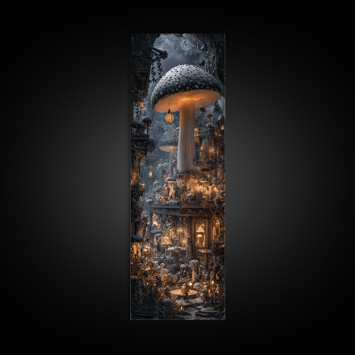 The Moonlit Mushroom Village, Tall Narrow Wall Art, Spooky Home Decor, Canvas Print, Halloween Wall Decor, Gothic Home Decor