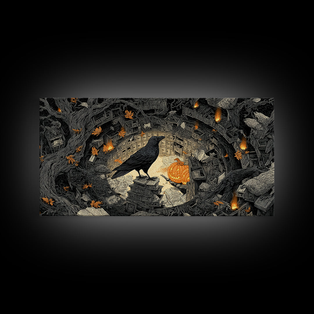 The Raven Post Office, Wide Panoramic Art, Spooky Home Decor, Canvas Print, Halloween Wall Decor, Gothic Home Decor, Halloween Wall Art