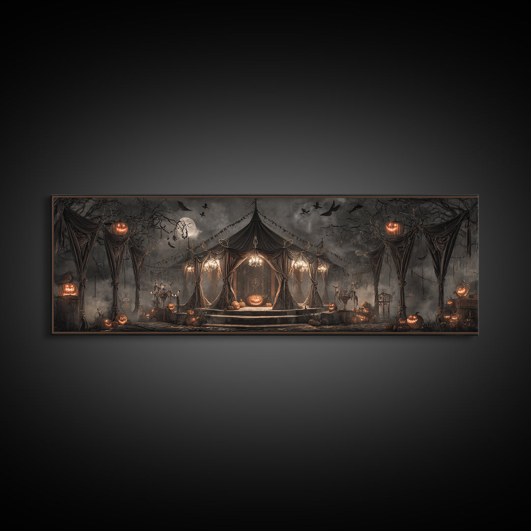The Jack-O'-Lantern Circus, Extra Wide Wall Art, Macabre Wall Art, Framed Canvas Print, Halloween Wall Decor, Gothic Home Decor