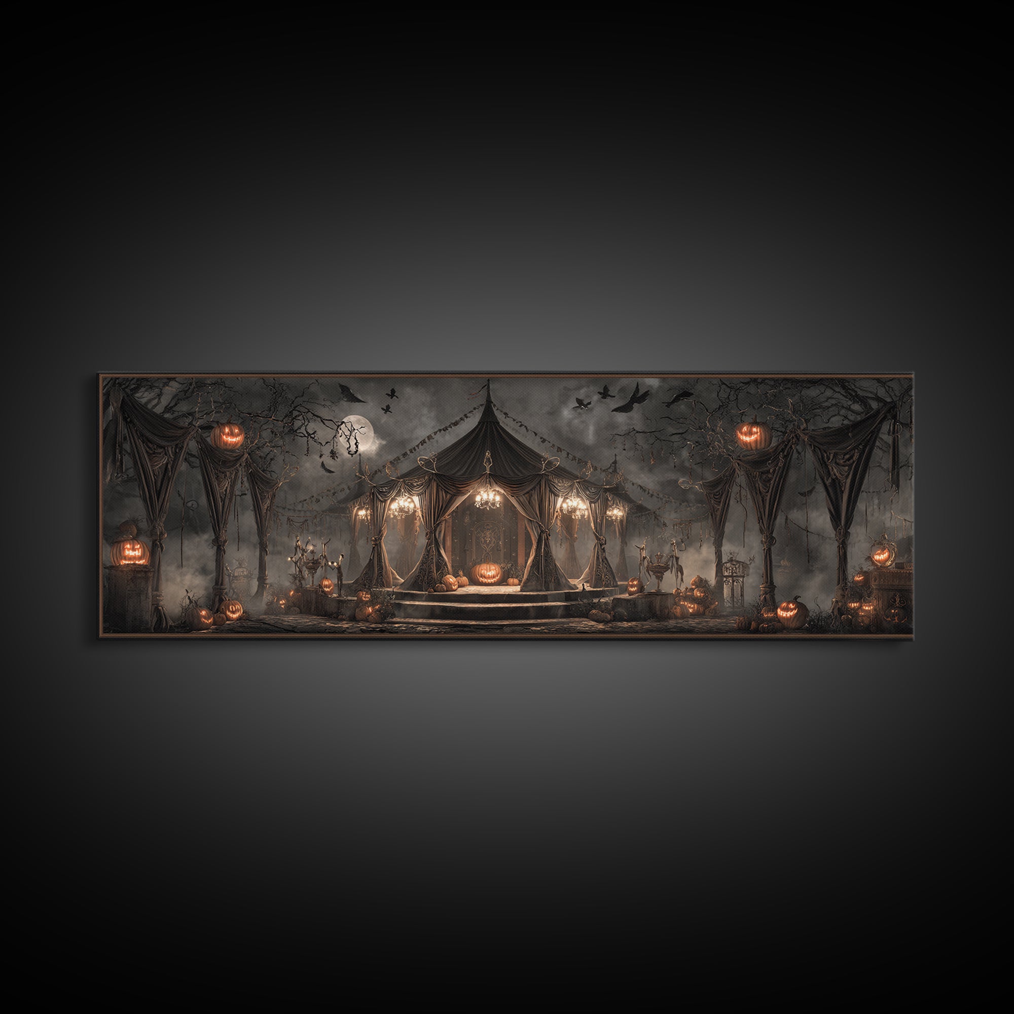 The Jack-O'-Lantern Circus, Extra Wide Wall Art, Macabre Wall Art, Framed Canvas Print, Halloween Wall Decor, Gothic Home Decor