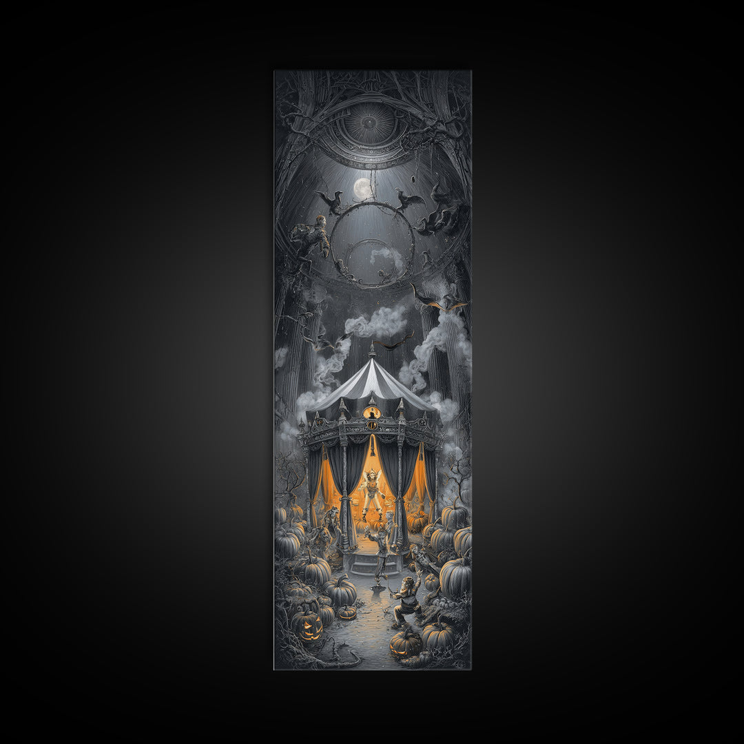 The Jack-O'-Lantern Circus, Tall Narrow Wall Art, Gothic Horror Wall Art, Framed Canvas Print, Halloween Wall Decor, Gothic Home Decor