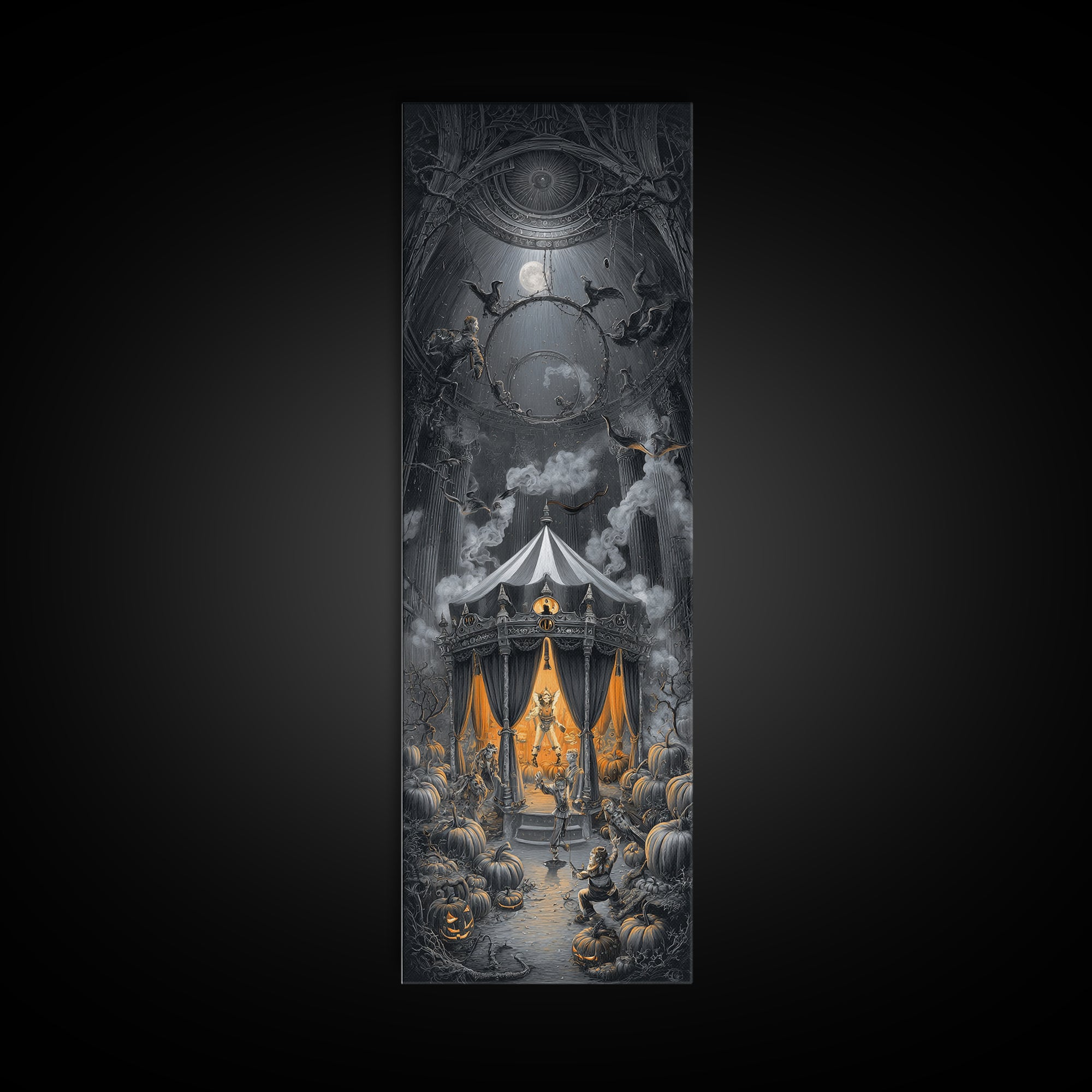 The Jack-O'-Lantern Circus, Tall Narrow Wall Art, Gothic Horror Wall Art, Framed Canvas Print, Halloween Wall Decor, Gothic Home Decor
