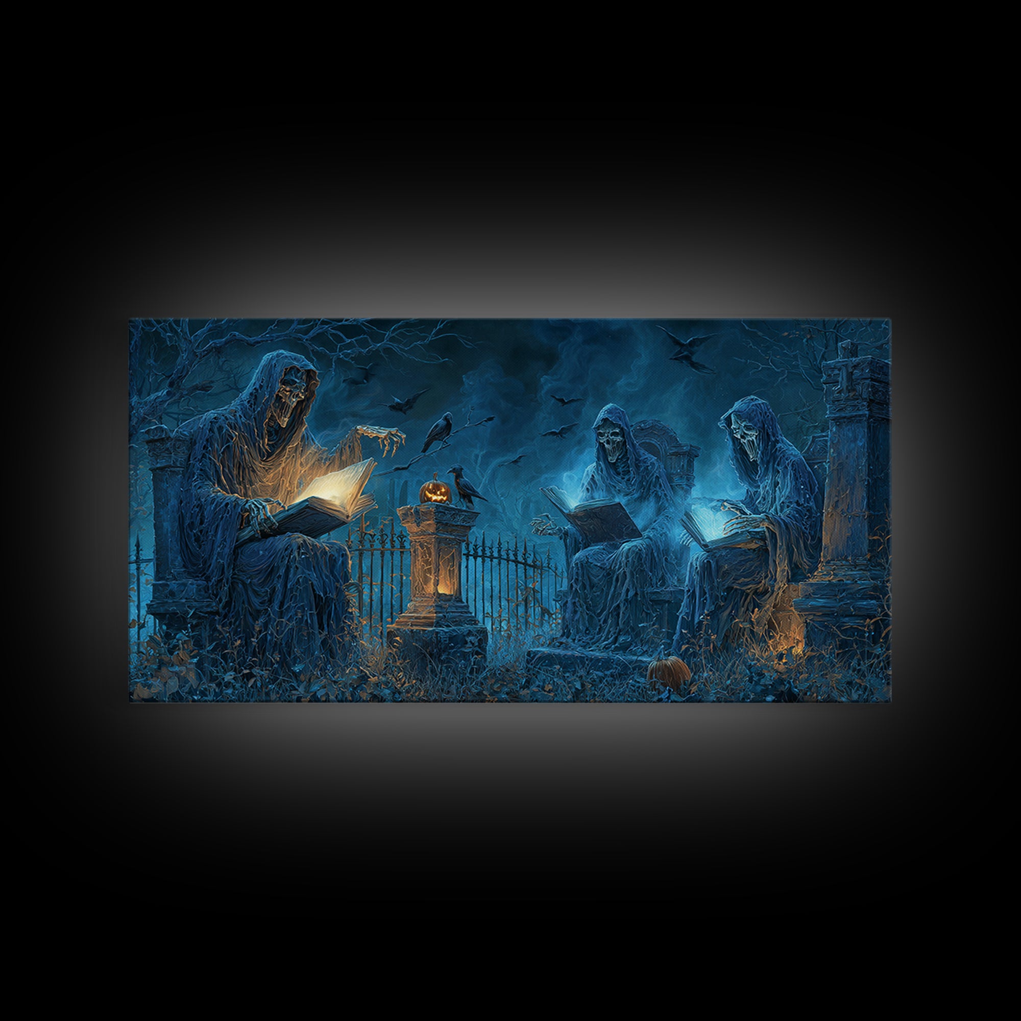 The Graveyard Book Club, Wide Panoramic Art, Macabre Wall Art, Framed Canvas Print, Halloween Wall Decor, Gothic Home Decor, Horror Wall Art