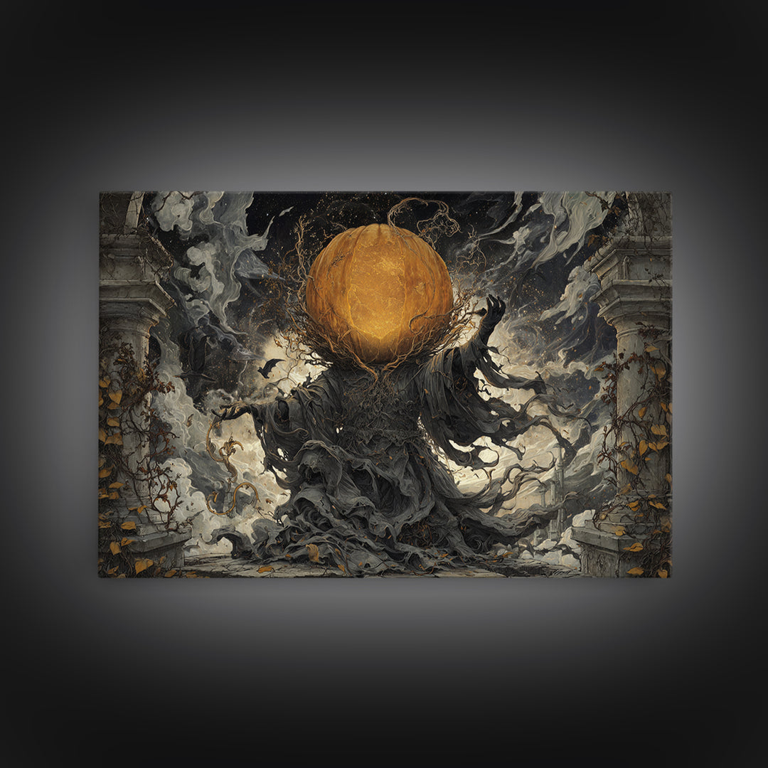 The Cosmic Pumpkin God, Landscape Wall Art, Haunted Gothic Art, Framed Canvas Print, Halloween Wall Decor, Gothic Home Decor