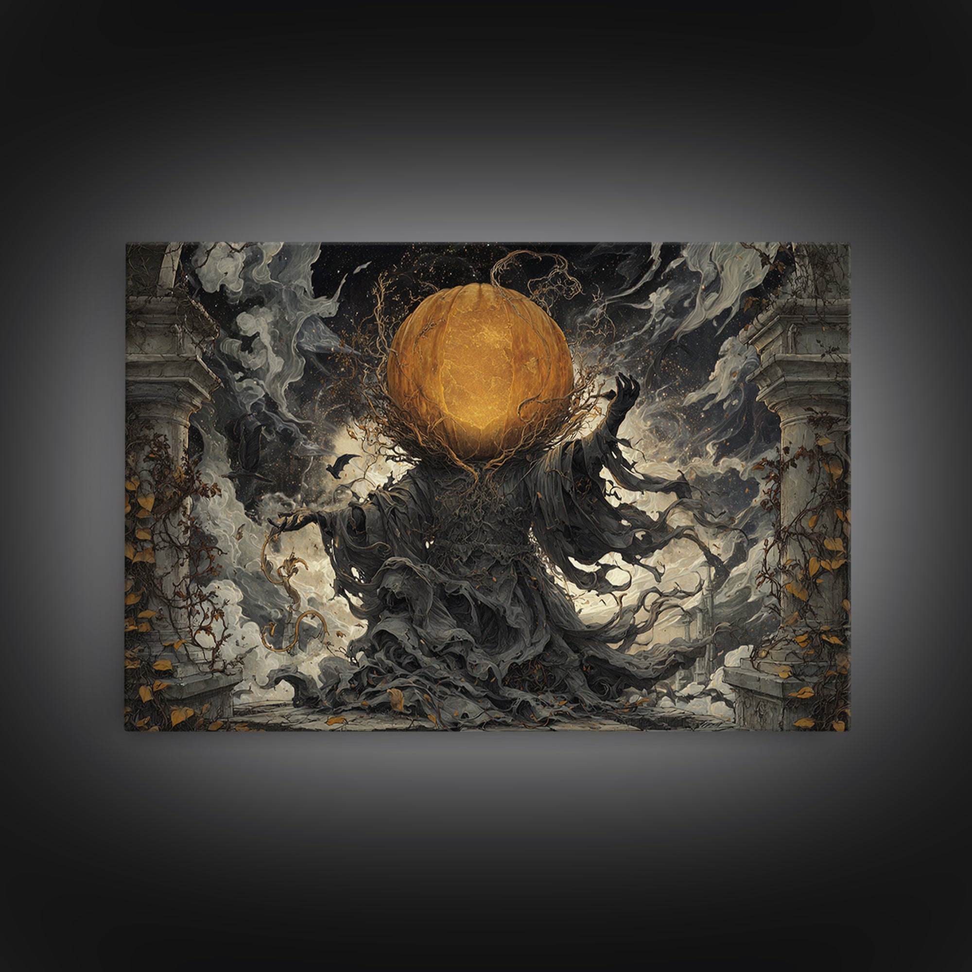 The Cosmic Pumpkin God, Landscape Wall Art, Haunted Gothic Art, Framed Canvas Print, Halloween Wall Decor, Gothic Home Decor