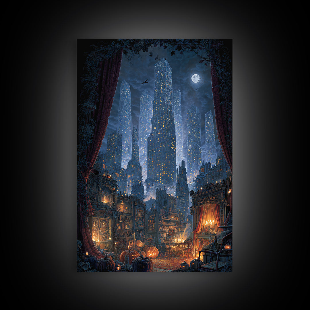 The Haunted City Skyline, Vertical Wall Art, Haunted Gothic Art, Framed Canvas Print, Halloween Wall Decor, Gothic Home Decor
