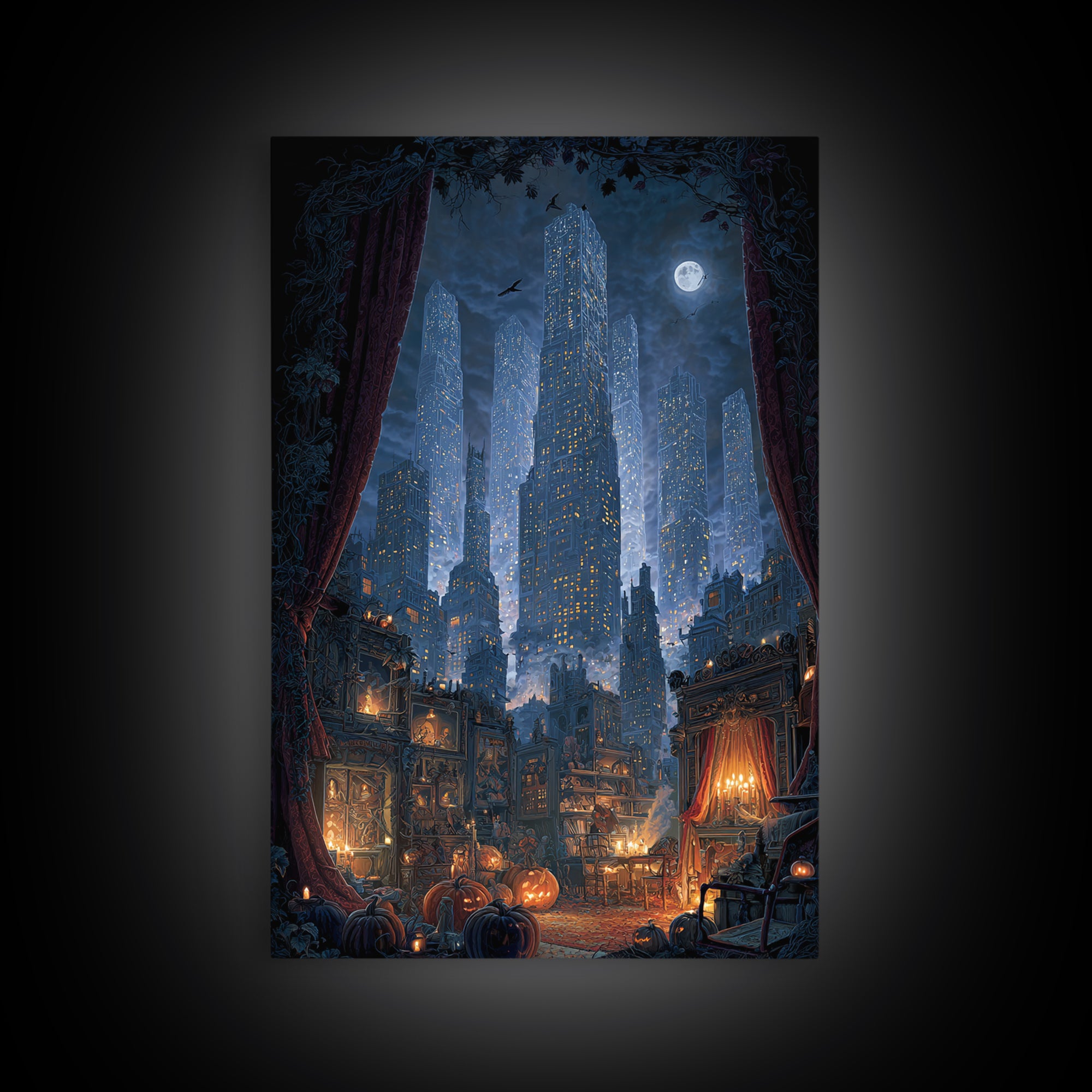The Haunted City Skyline, Vertical Wall Art, Haunted Gothic Art, Framed Canvas Print, Halloween Wall Decor, Gothic Home Decor