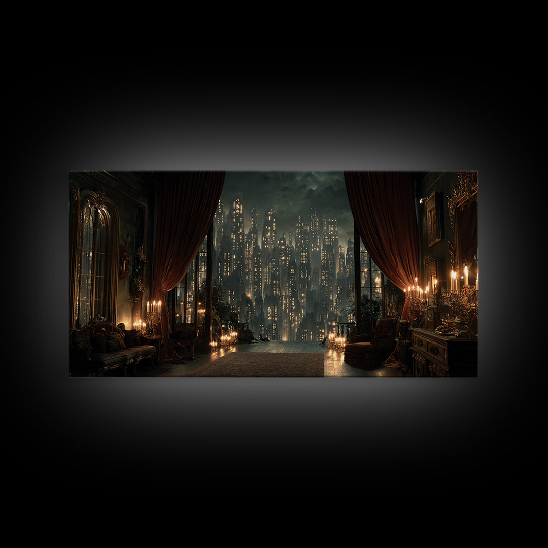 The Haunted City Skyline, Wide Panoramic Art, Dark Fantasy Wall Art, Canvas Print, Halloween Wall Decor, Gothic Home Decor