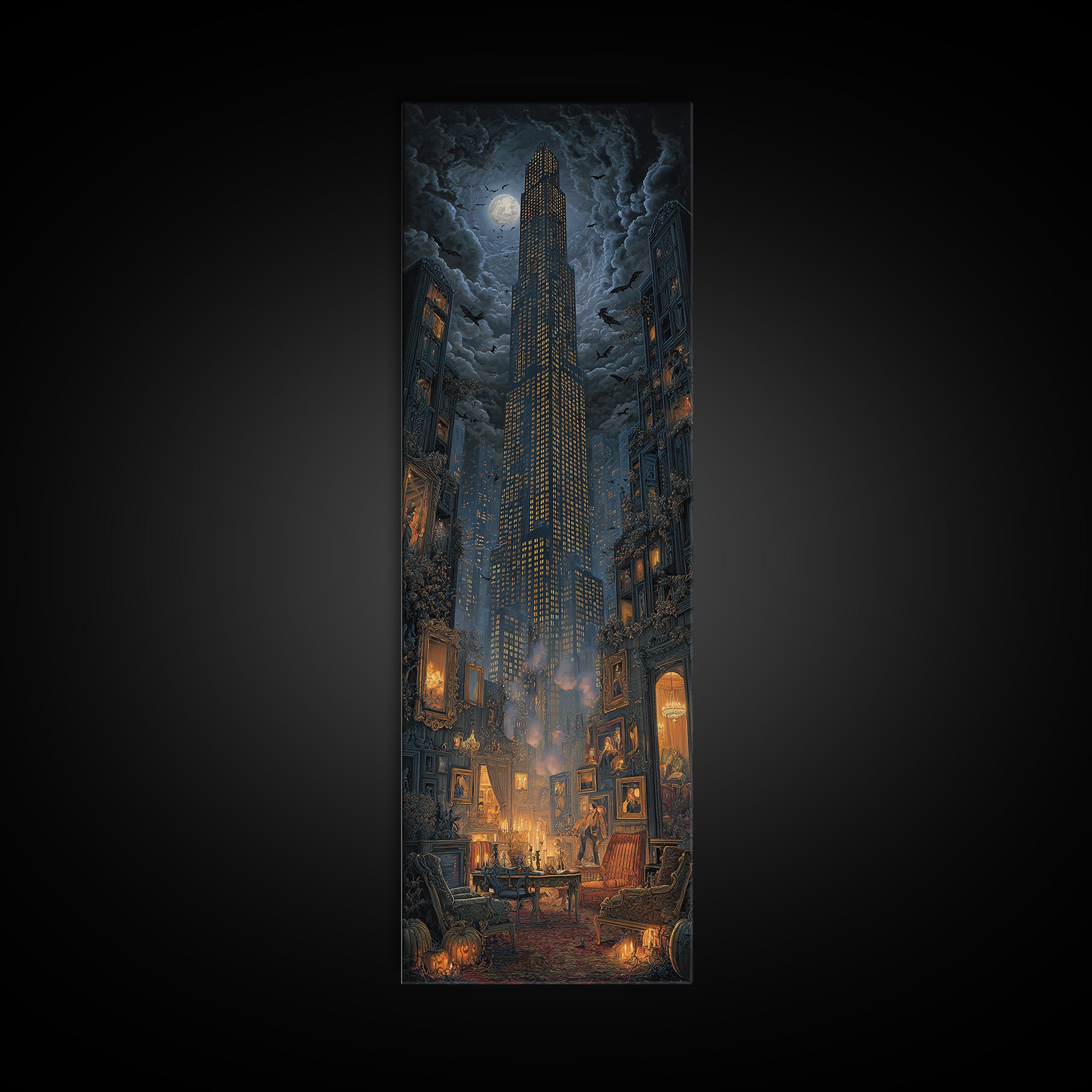 The Haunted City Skyline, Tall Narrow Wall Art, Haunted Gothic Art, Framed Canvas Print, Halloween Wall Decor, Gothic Home Decor