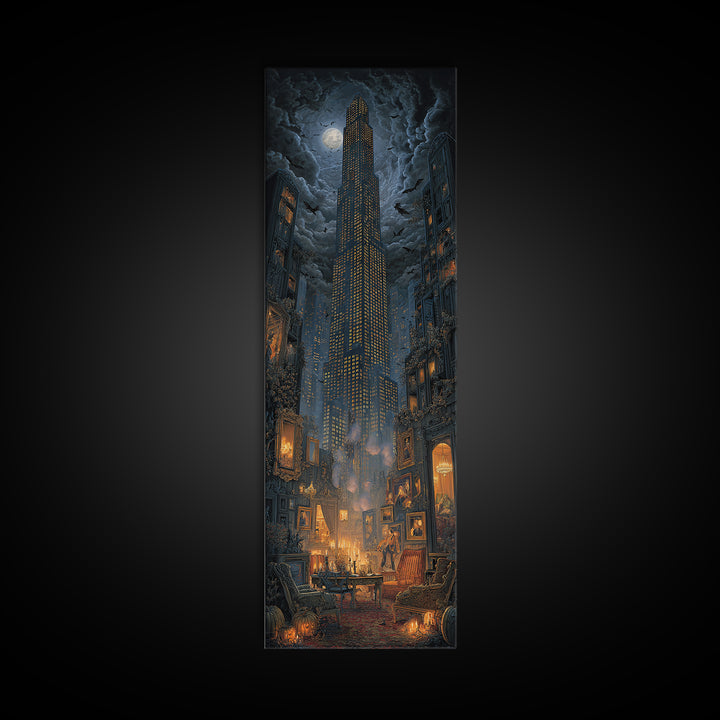 The Haunted City Skyline, Tall Narrow Wall Art, Haunted Gothic Art, Framed Canvas Print, Halloween Wall Decor, Gothic Home Decor
