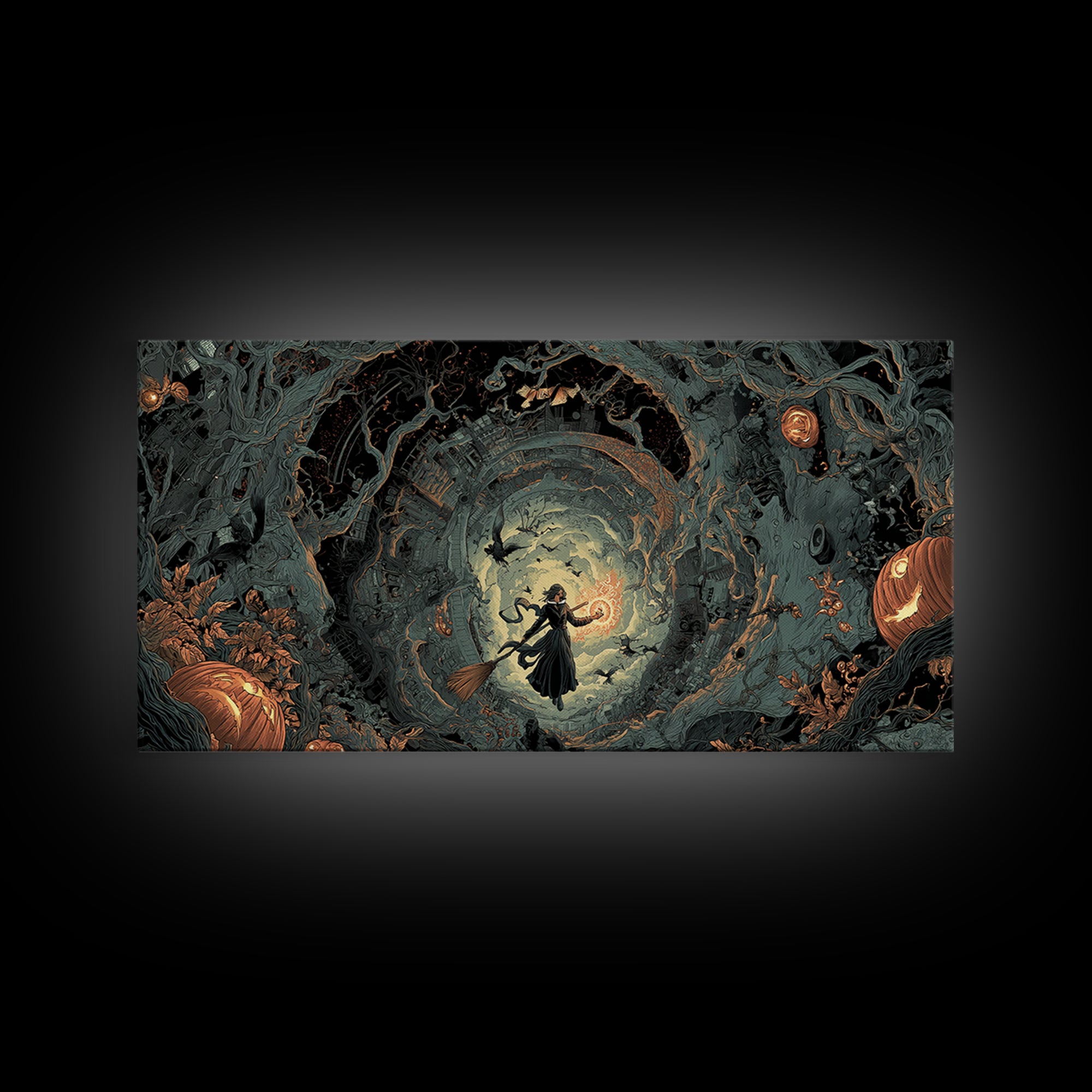 The Cyberpunk Witch, Wide Panoramic Art, Haunted Gothic Art, Framed Canvas Print, Halloween Wall Decor, Gothic Home Decor