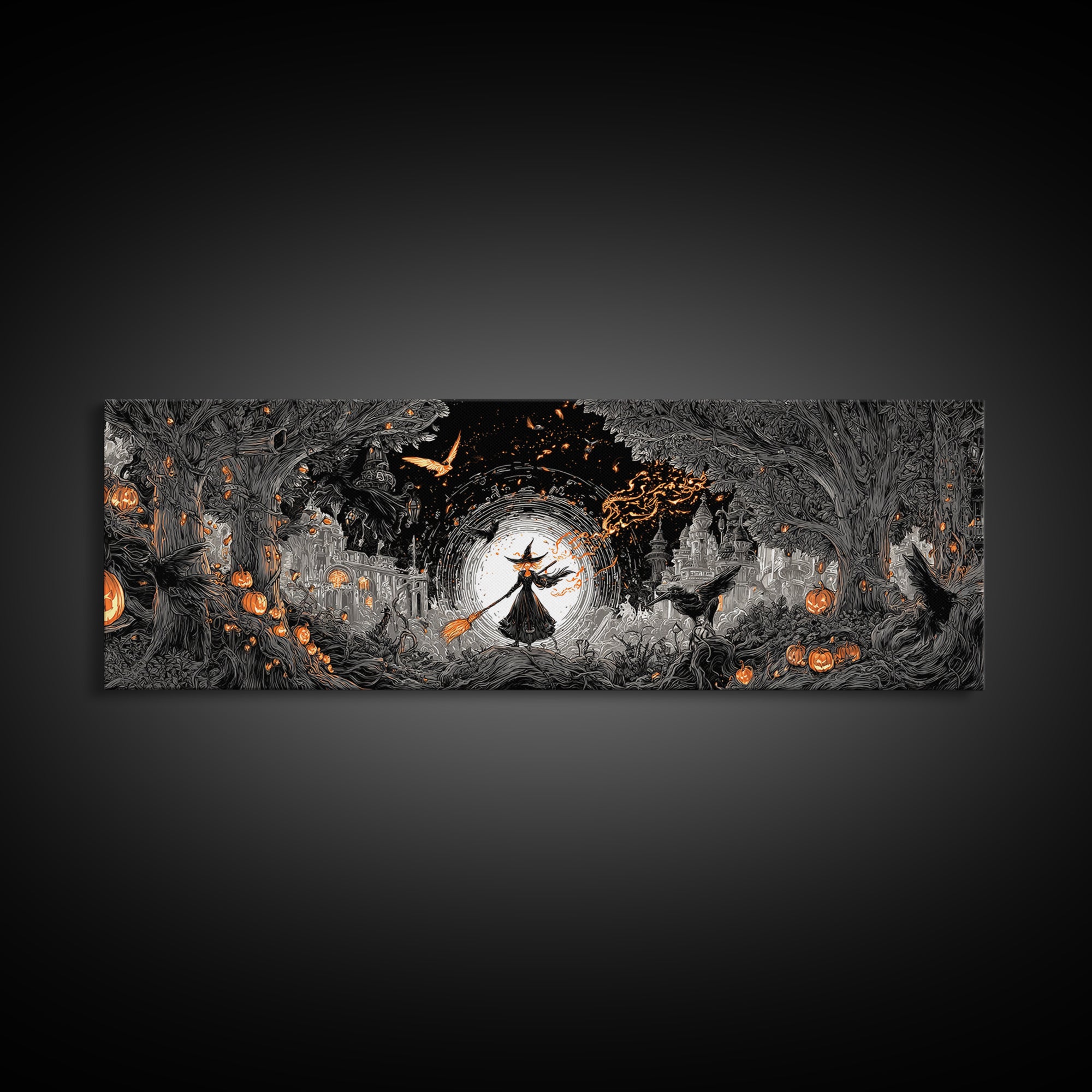 The Cyberpunk Witch, Extra Wide Wall Art, Macabre Wall Art, Framed Canvas Print, Halloween Wall Decor, Gothic Home Decor