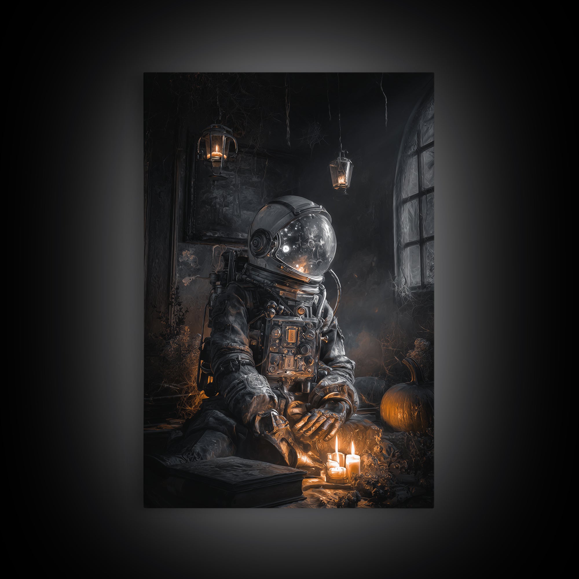 The Astronaut Ghost, Vertical Wall Art, Haunted Gothic Art, Framed Canvas Print, Halloween Wall Decor, Gothic Home Decor, Horror Wall Art