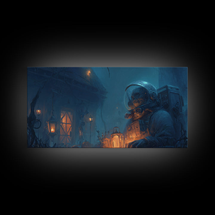 The Astronaut Ghost, Wide Panoramic Art, Dark Fantasy Wall Art, Canvas Print, Halloween Wall Decor, Gothic Home Decor