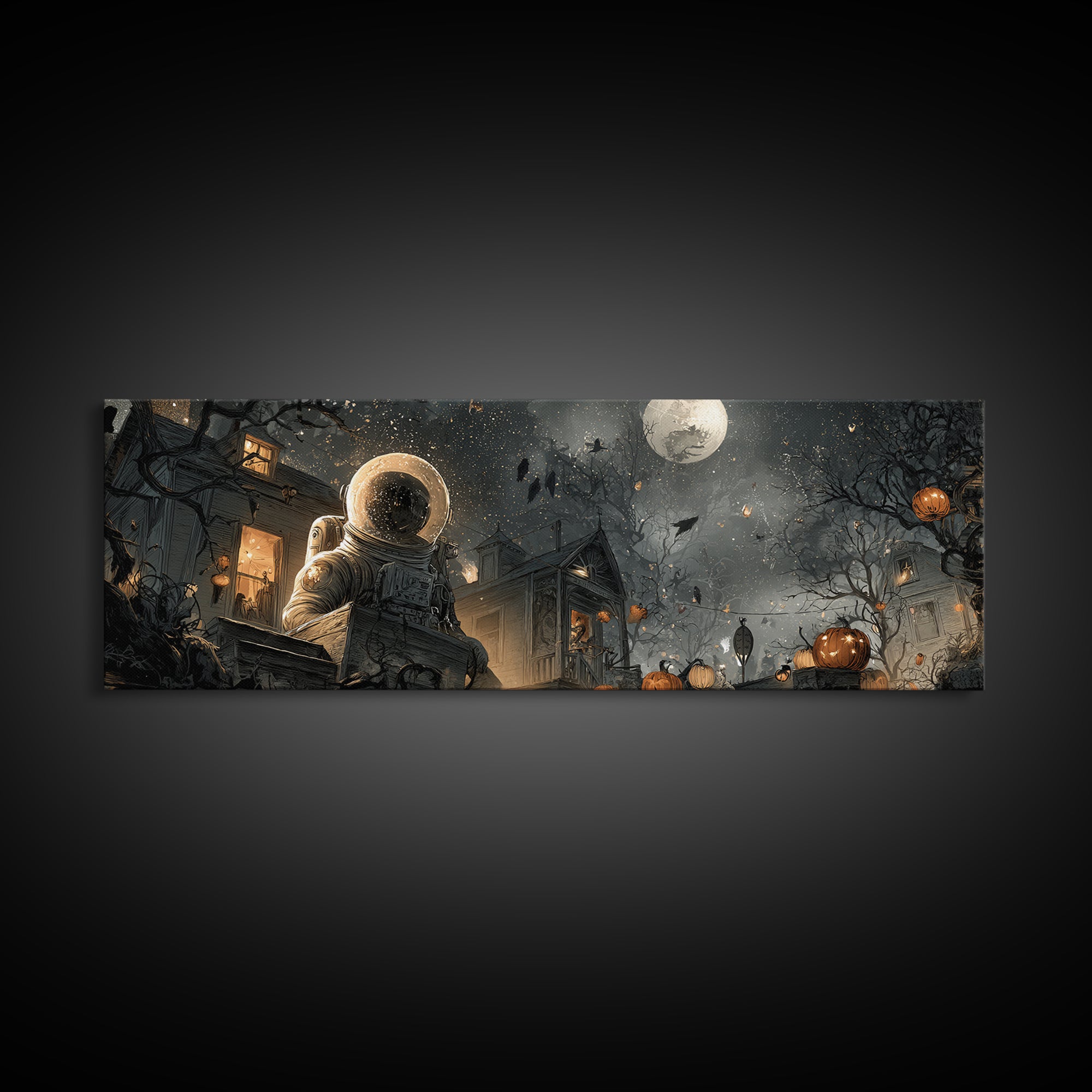 The Astronaut Ghost, Extra Wide Wall Art, Macabre Wall Art, Framed Canvas Print, Halloween Wall Decor, Gothic Home Decor, Halloween Wall Art