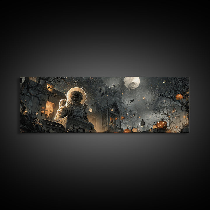 The Astronaut Ghost, Extra Wide Wall Art, Macabre Wall Art, Framed Canvas Print, Halloween Wall Decor, Gothic Home Decor, Halloween Wall Art
