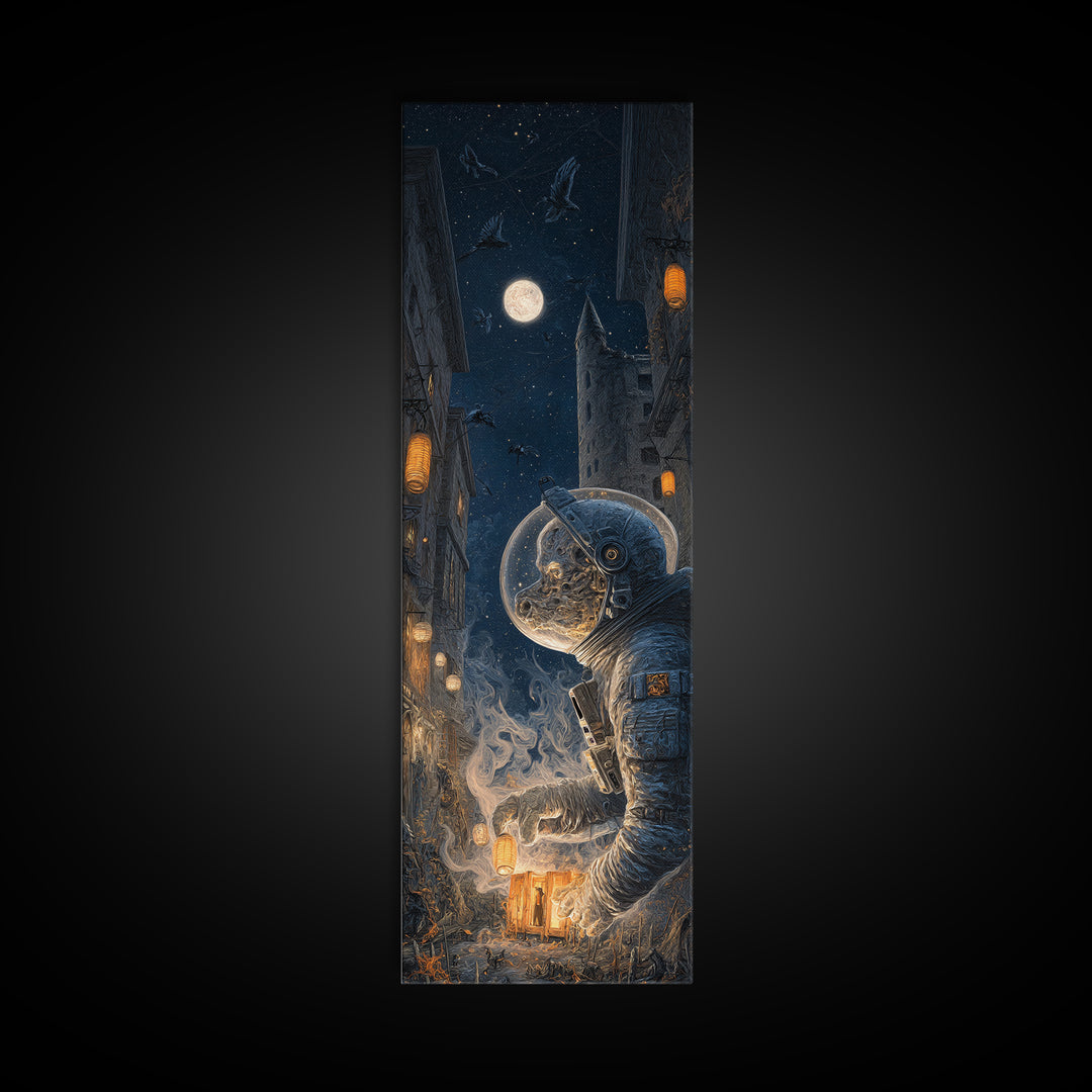 The Astronaut Ghost, Tall Narrow Wall Art, Macabre Wall Art, Framed Canvas Print, Halloween Wall Decor, Gothic Home Decor