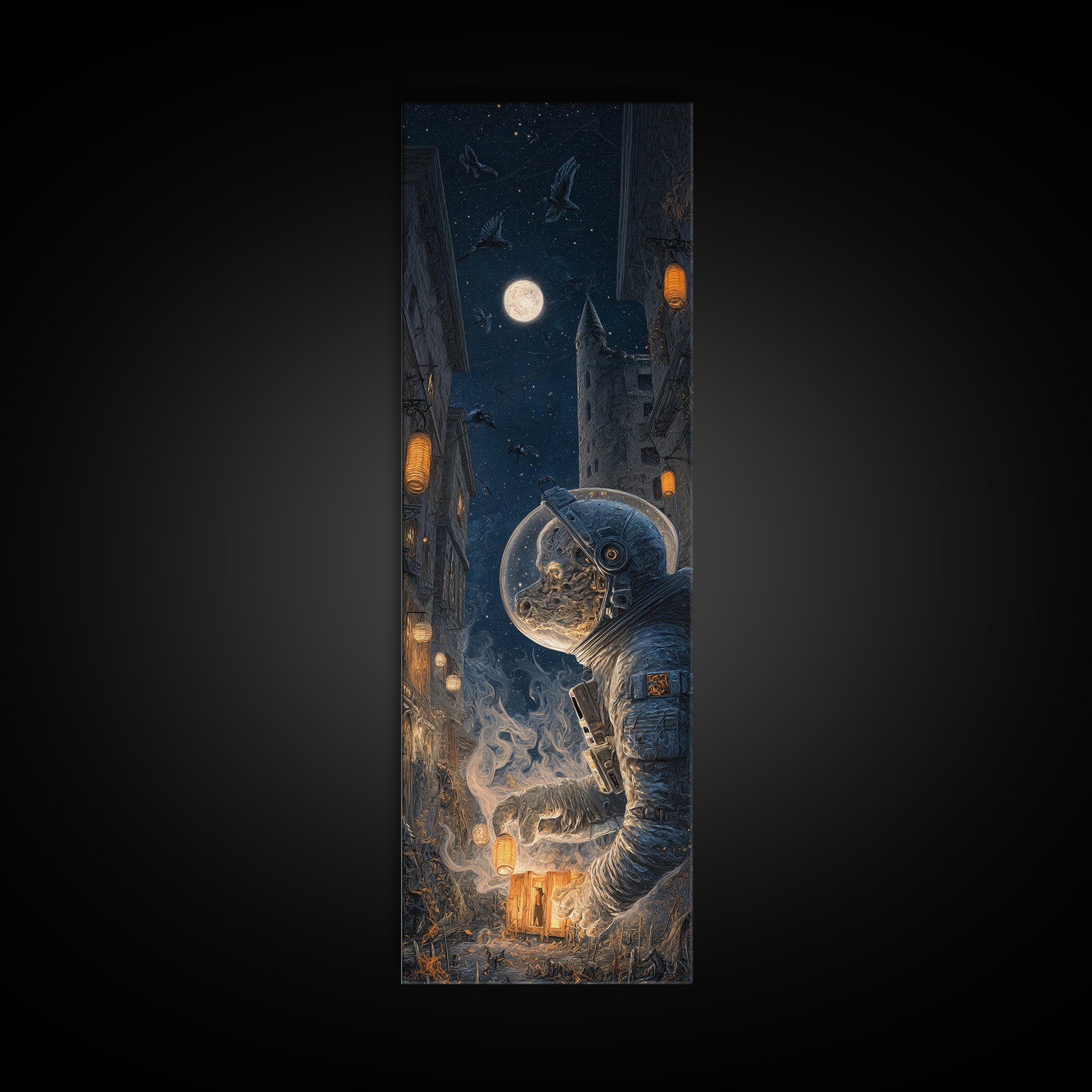 The Astronaut Ghost, Tall Narrow Wall Art, Macabre Wall Art, Framed Canvas Print, Halloween Wall Decor, Gothic Home Decor