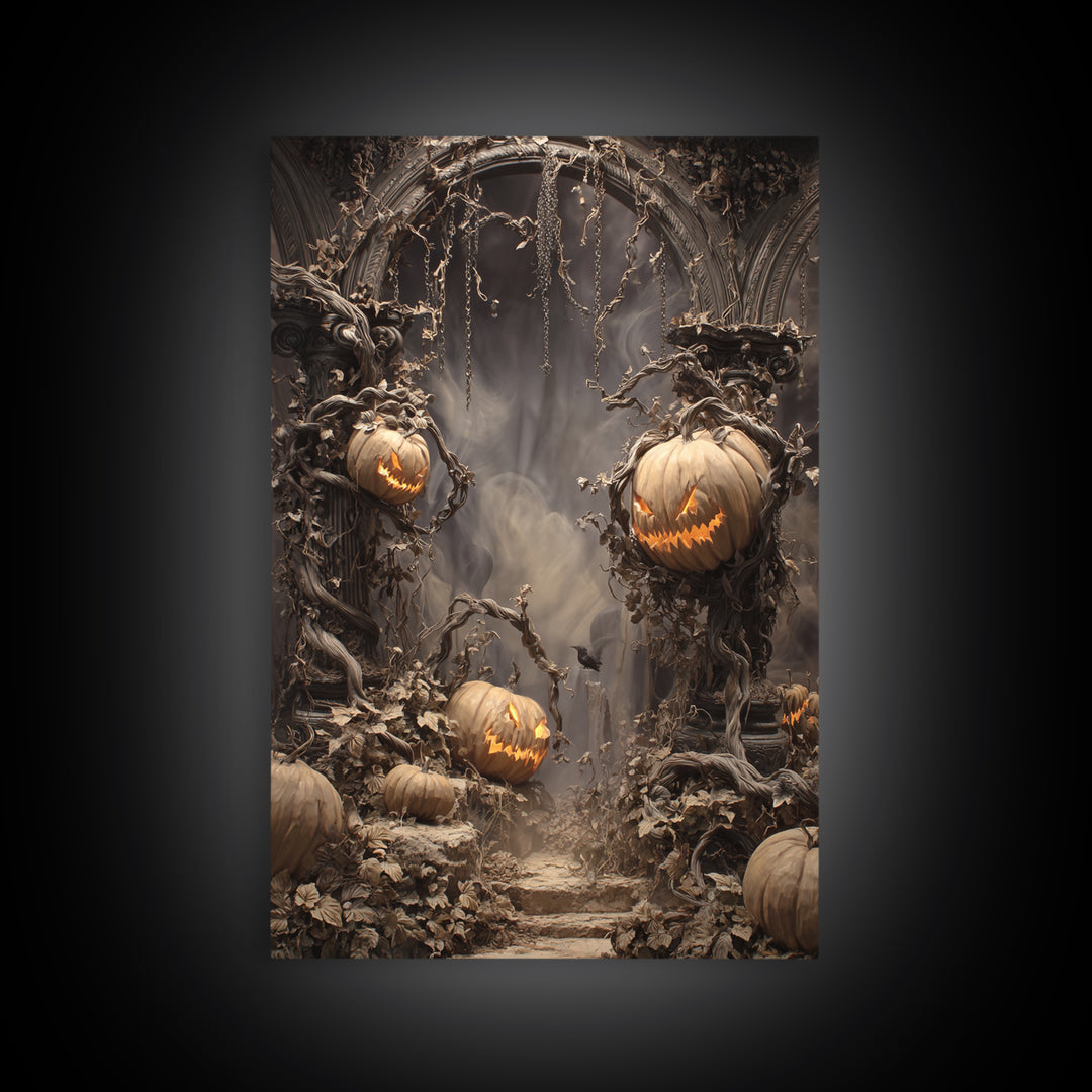 The Alien Pumpkin Patch, Vertical Wall Art, Haunted Gothic Art, Framed Canvas Print, Halloween Wall Decor, Gothic Home Decor