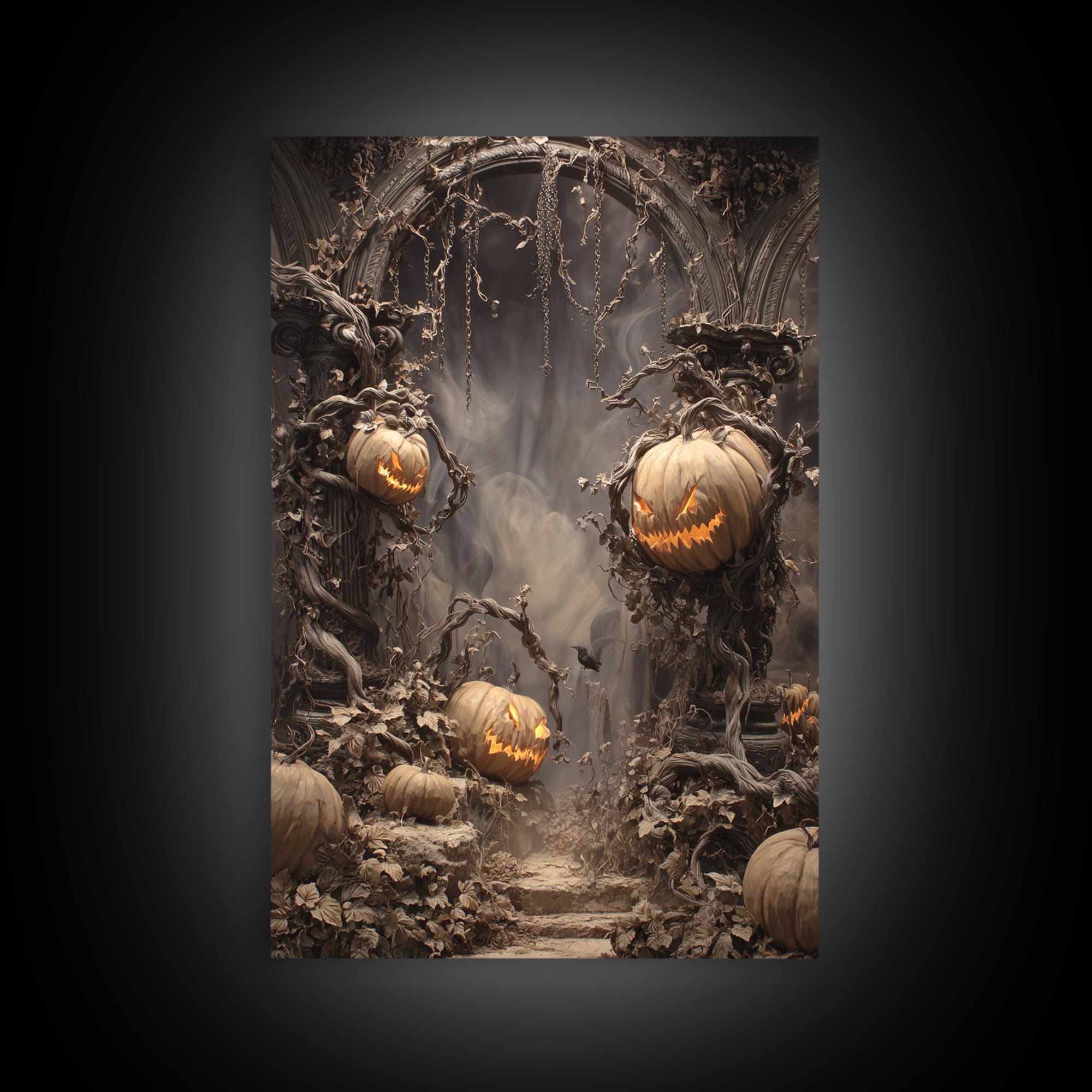 The Alien Pumpkin Patch, Vertical Wall Art, Haunted Gothic Art, Framed Canvas Print, Halloween Wall Decor, Gothic Home Decor
