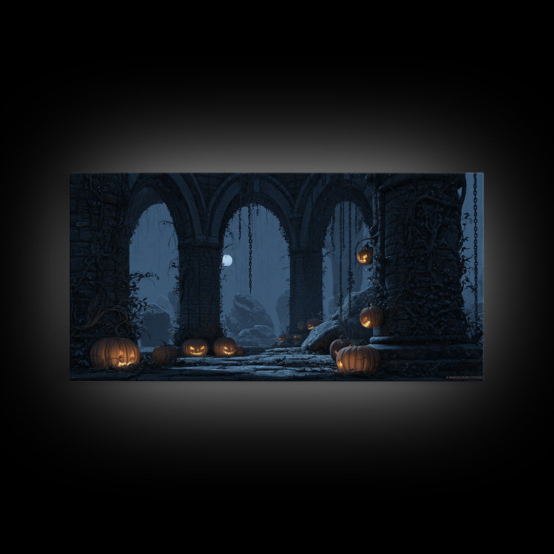 The Alien Pumpkin Patch, Wide Panoramic Art, Gothic Horror Wall Art, Framed Canvas Print, Halloween Wall Decor, Gothic Home Decor