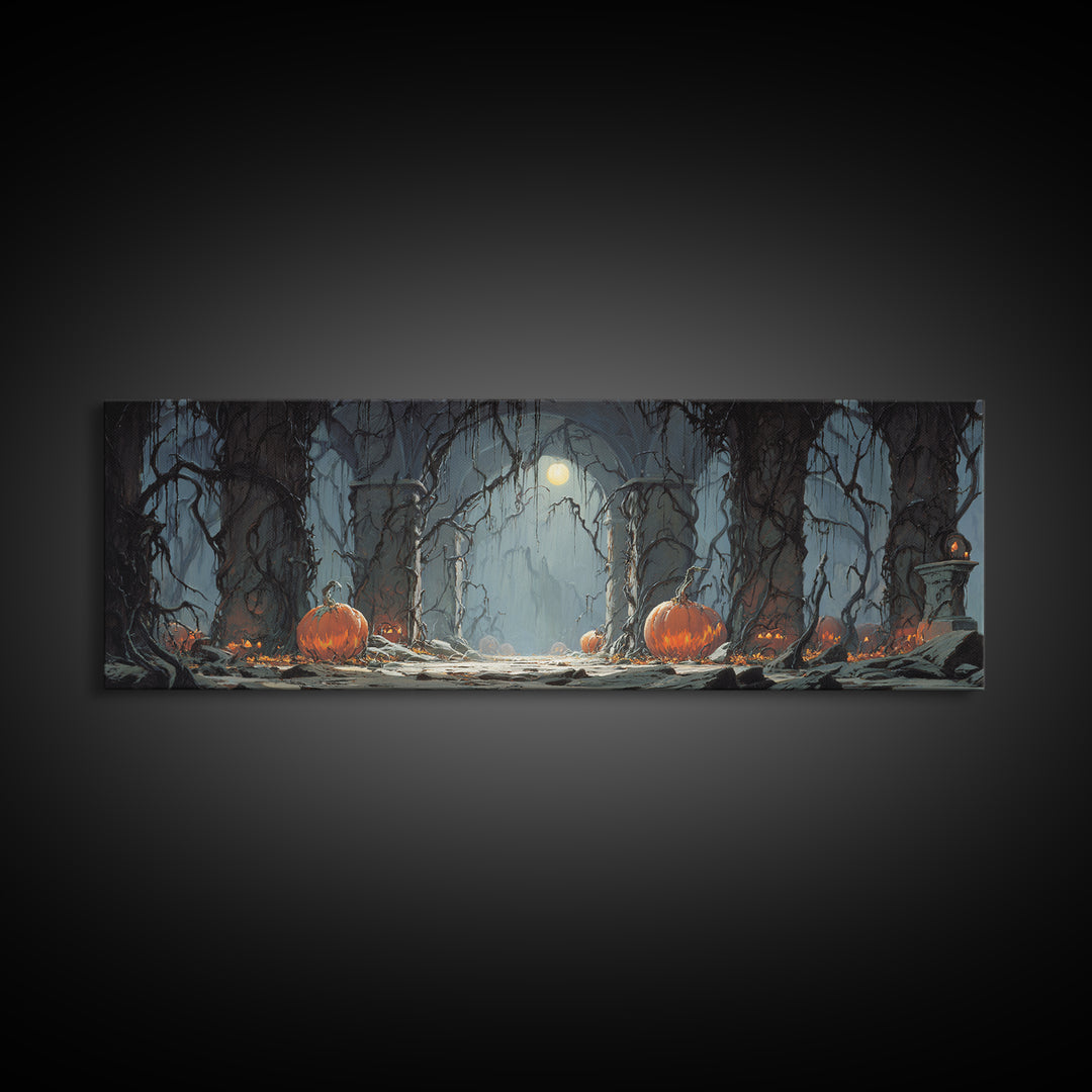 The Alien Pumpkin Patch, Extra Wide Wall Art, Gothic Horror Wall Art, Framed Canvas Print, Halloween Wall Decor, Gothic Home Decor
