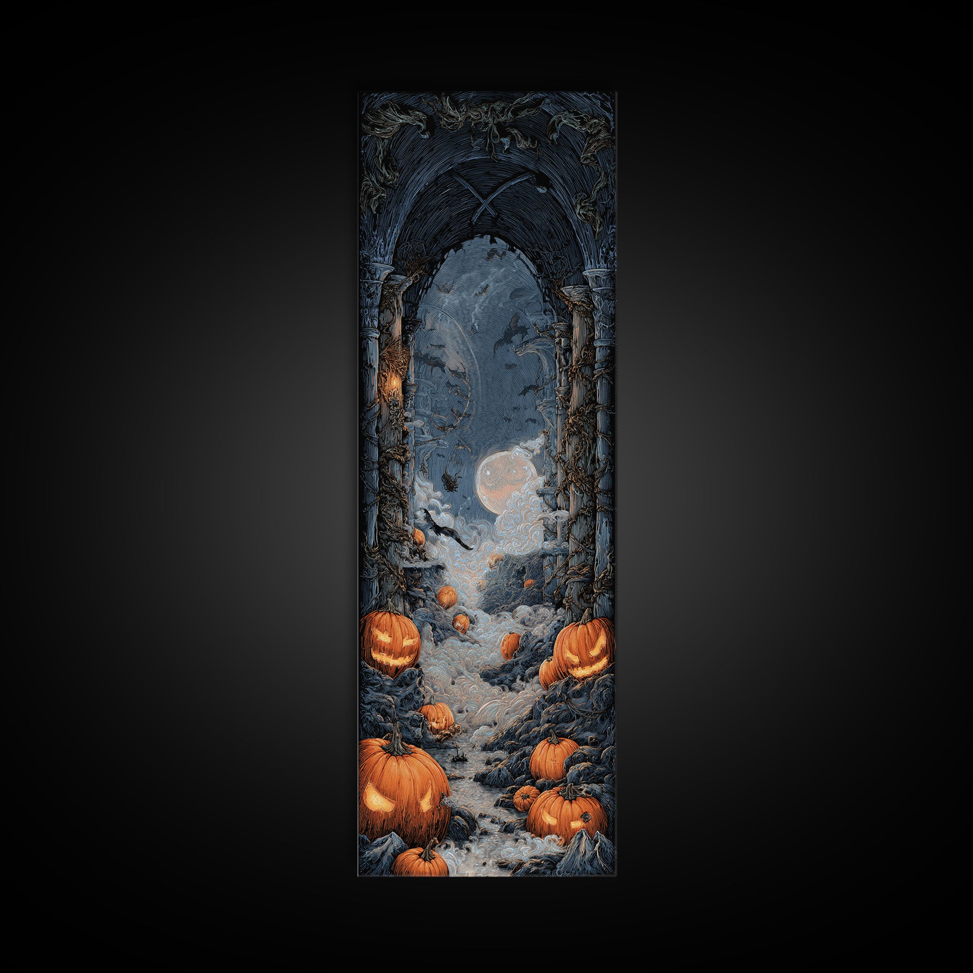The Alien Pumpkin Patch, Tall Narrow Wall Art, Haunted Gothic Art, Framed Canvas Print, Halloween Wall Decor, Gothic Home Decor