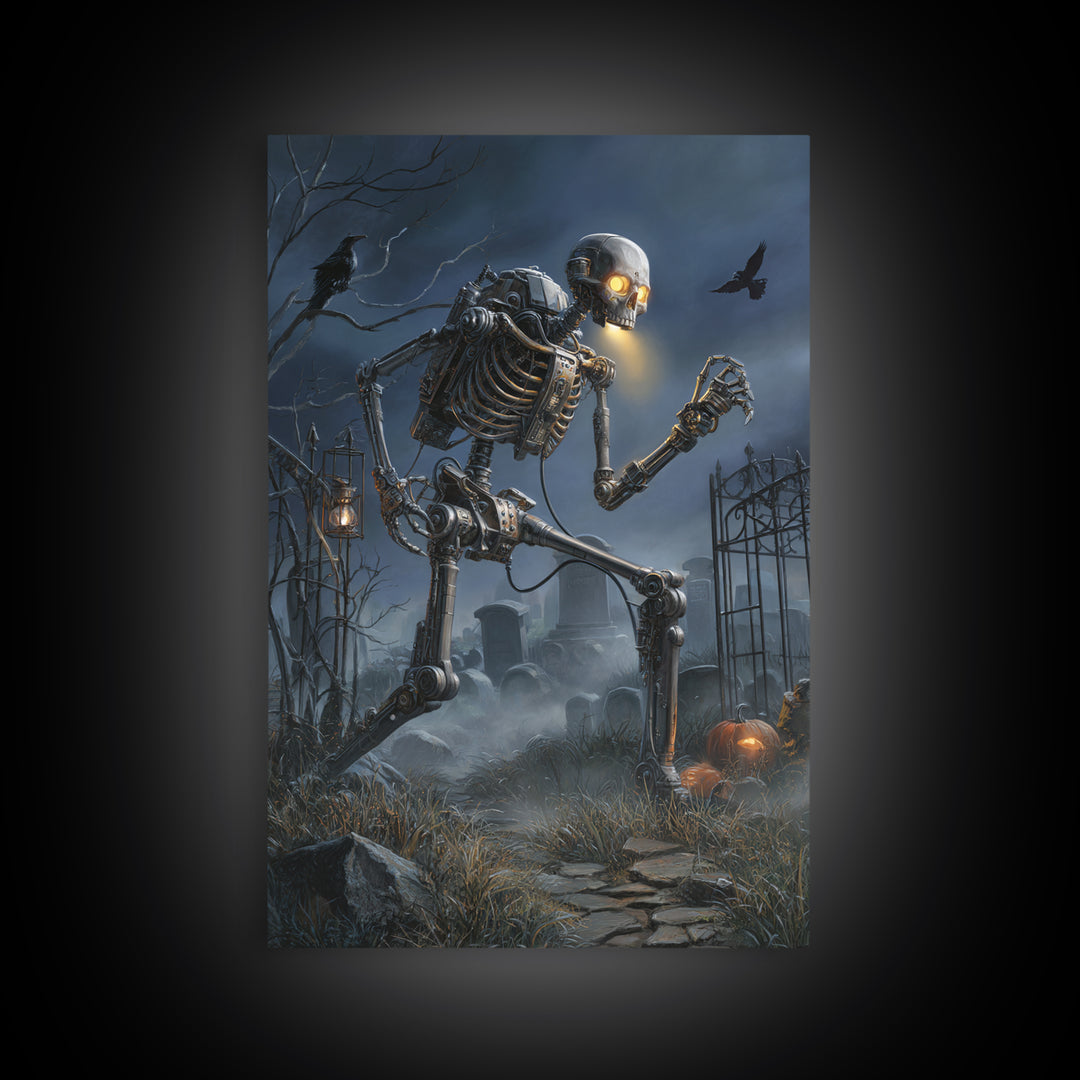 The Biomechanical Skeleton, Vertical Wall Art, Macabre Wall Art, Framed Canvas Print, Halloween Wall Decor, Gothic Home Decor