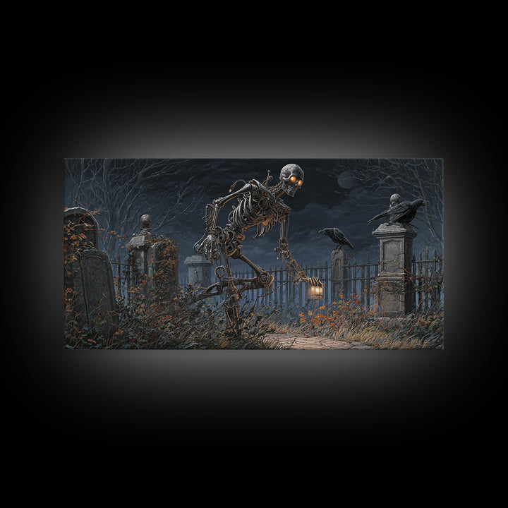 The Biomechanical Skeleton, Wide Panoramic Art, Gothic Horror Wall Art, Framed Canvas Print, Halloween Wall Decor, Gothic Home Decor
