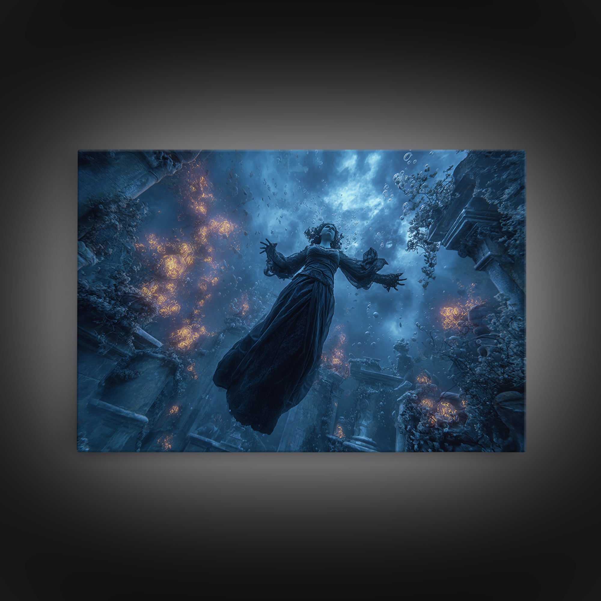 The Underwater Graveyard, Landscape Wall Art, Gothic Horror Wall Art, Framed Canvas Print, Halloween Wall Decor, Gothic Home Decor