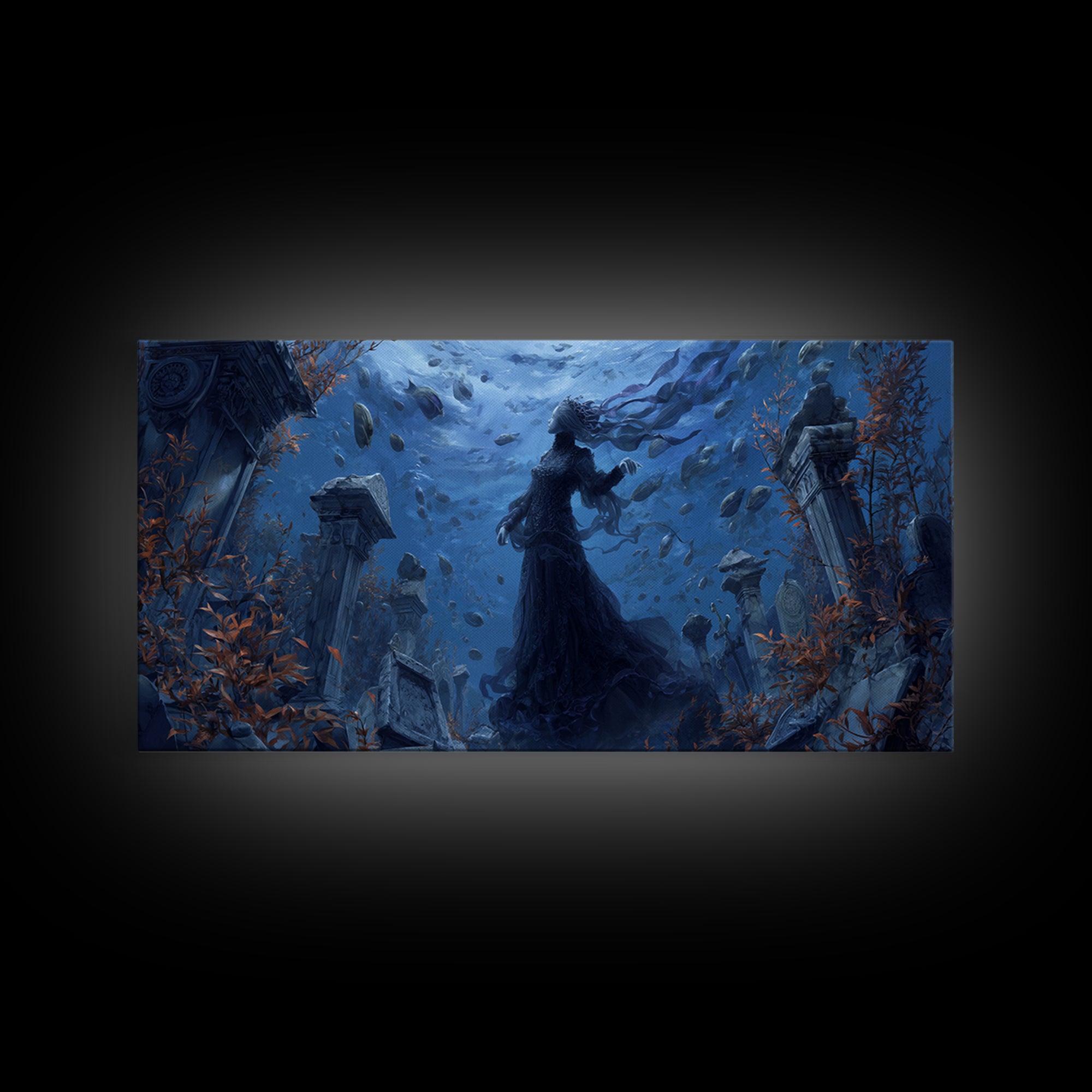 The Underwater Graveyard, Wide Panoramic Art, Haunted Gothic Art, Framed Canvas Print, Halloween Wall Decor, Gothic Home Decor