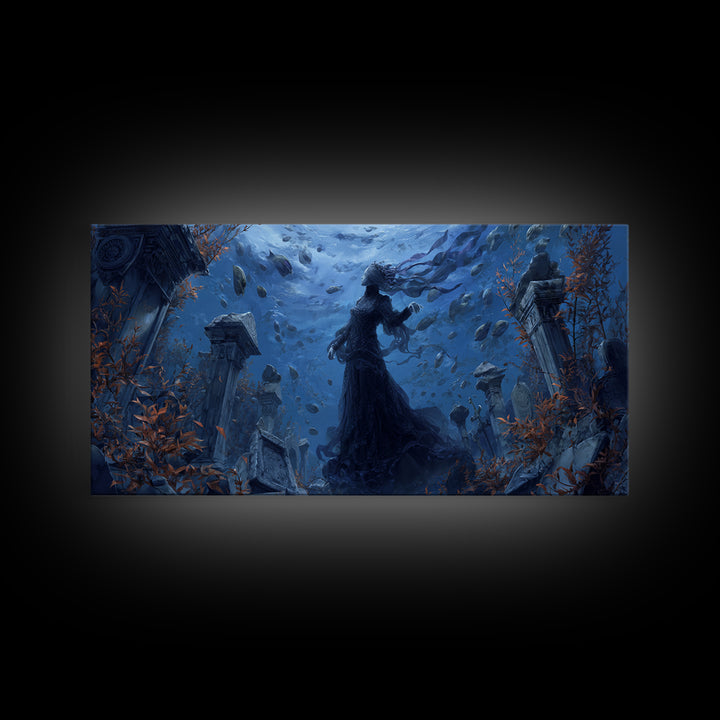 The Underwater Graveyard, Wide Panoramic Art, Haunted Gothic Art, Framed Canvas Print, Halloween Wall Decor, Gothic Home Decor