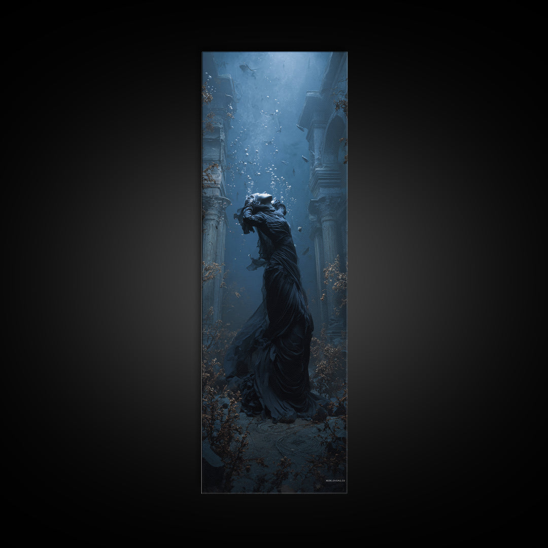 The Underwater Graveyard, Tall Narrow Wall Art, Haunted Gothic Art, Framed Canvas Print, Halloween Wall Decor, Gothic Home Decor