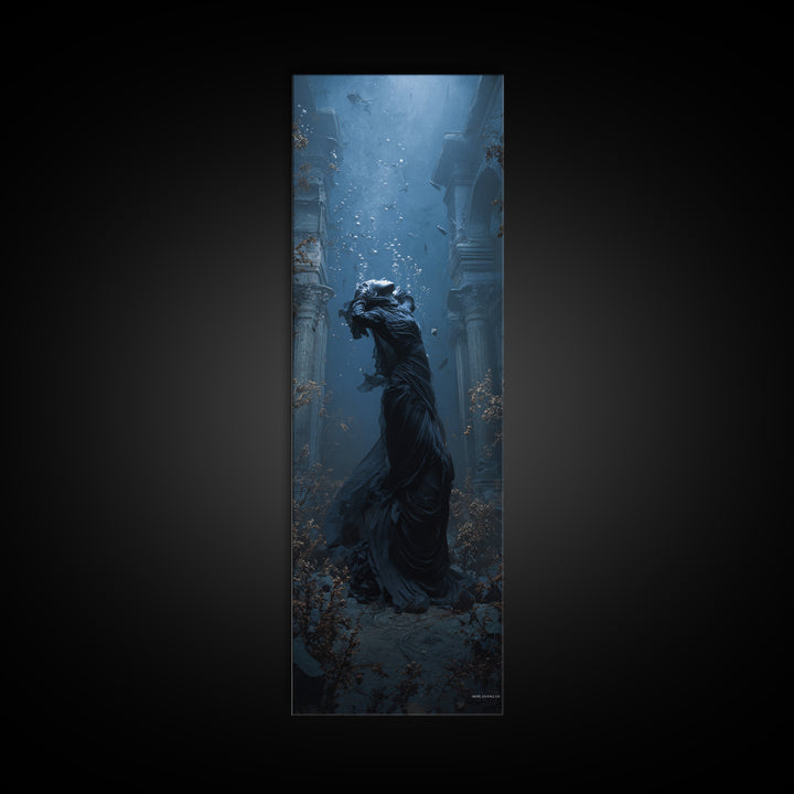 The Underwater Graveyard, Tall Narrow Wall Art, Haunted Gothic Art, Framed Canvas Print, Halloween Wall Decor, Gothic Home Decor