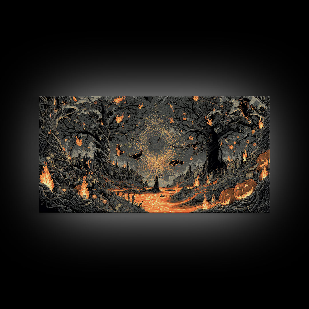 The Volcanic Demon Festival, Wide Panoramic Art, Haunted Gothic Art, Framed Canvas Print, Halloween Wall Decor, Gothic Home Decor