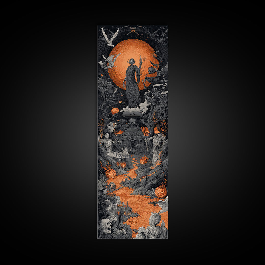 The Volcanic Demon Festival, Tall Narrow Wall Art, Gothic Horror Wall Art, Framed Canvas Print, Halloween Wall Decor, Gothic Home Decor