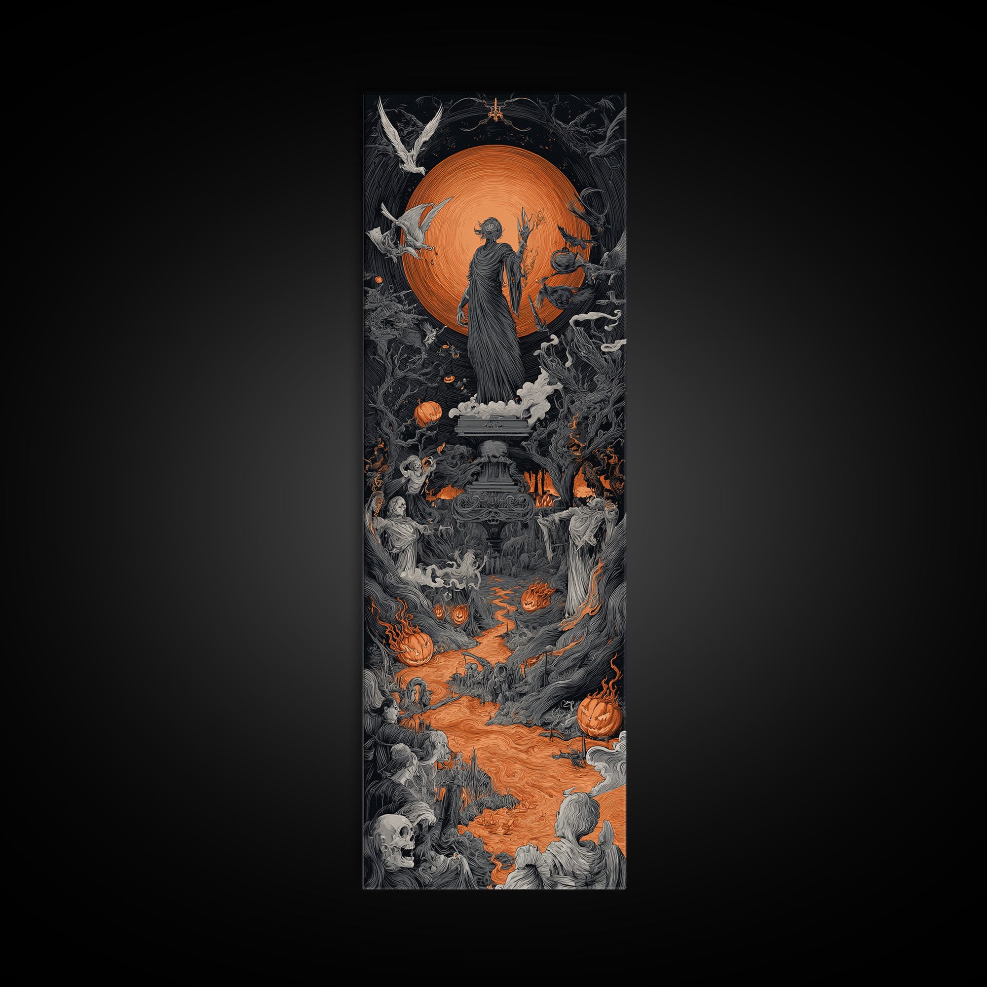 The Volcanic Demon Festival, Tall Narrow Wall Art, Gothic Horror Wall Art, Framed Canvas Print, Halloween Wall Decor, Gothic Home Decor