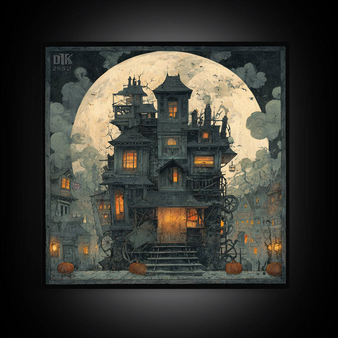 The Clockwork Haunted House, Square Wall Art, Dark Fantasy Wall Art, Canvas Print, Halloween Wall Decor, Gothic Home Decor