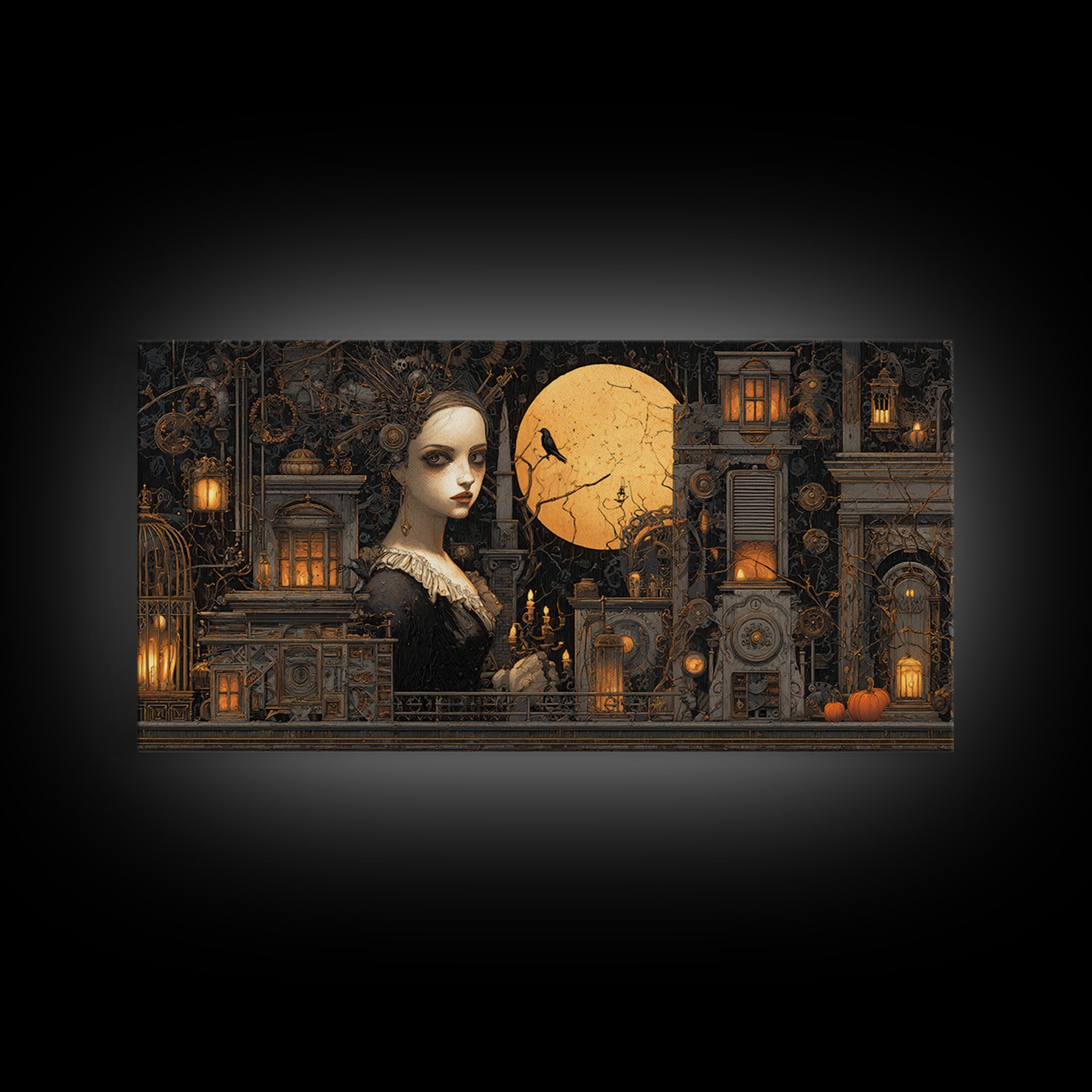 The Clockwork Haunted House, Wide Panoramic Art, Dark Halloween Decor, Canvas Print, Halloween Wall Decor, Gothic Home Decor