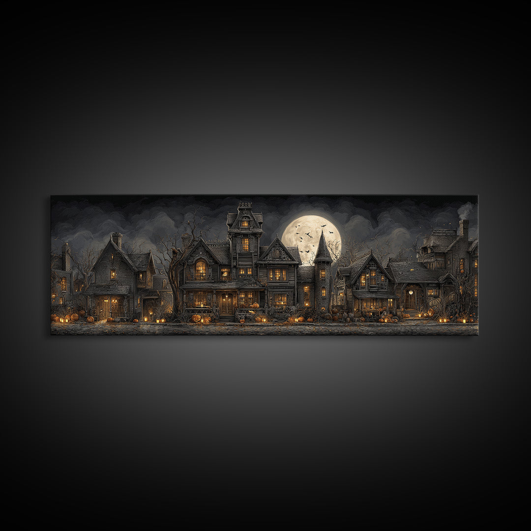The Clockwork Haunted House, Extra Wide Wall Art, Dark Halloween Decor, Canvas Print, Halloween Wall Decor, Gothic Home Decor