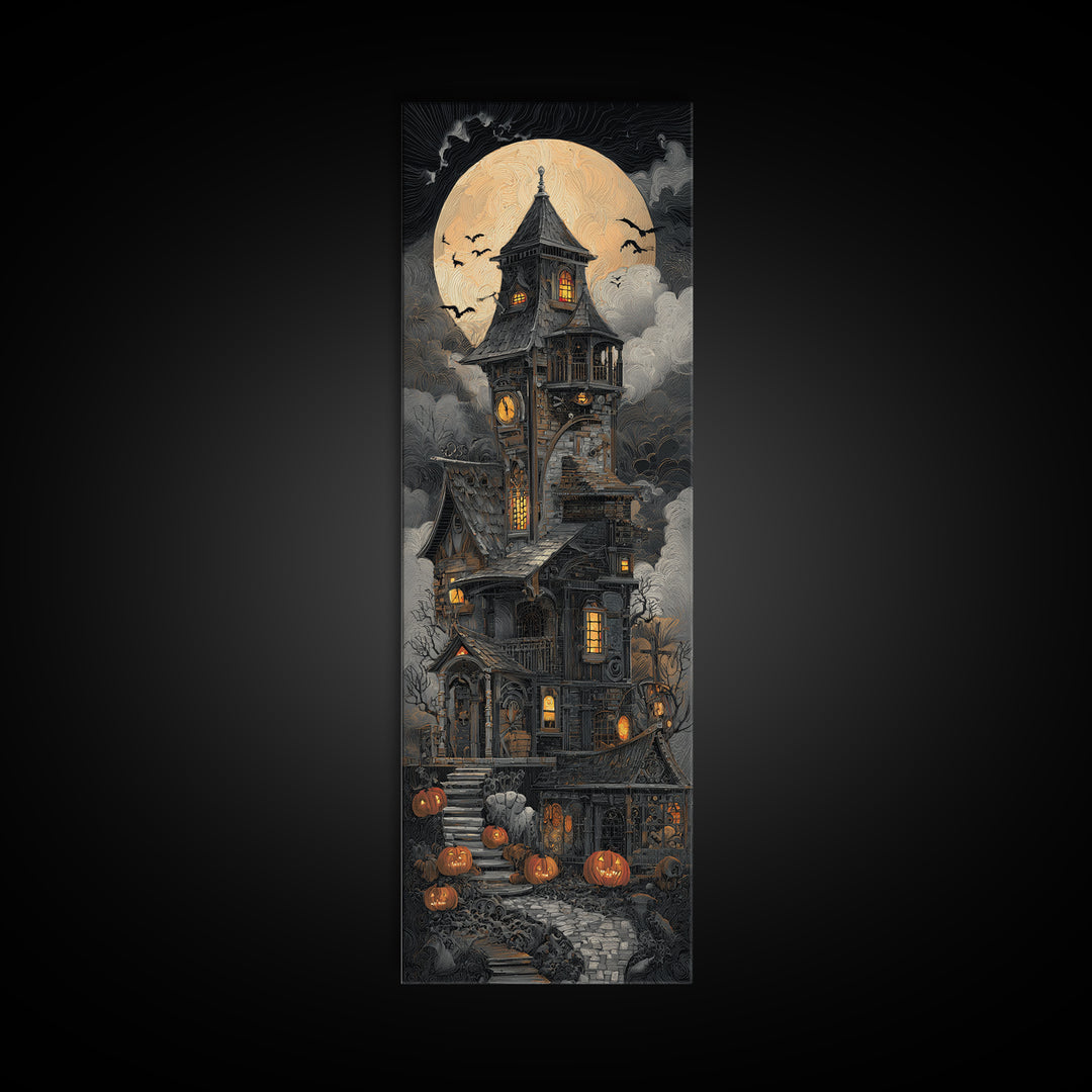 The Clockwork Haunted House, Tall Narrow Wall Art, Dark Fantasy Wall Art, Canvas Print, Halloween Wall Decor, Gothic Home Decor