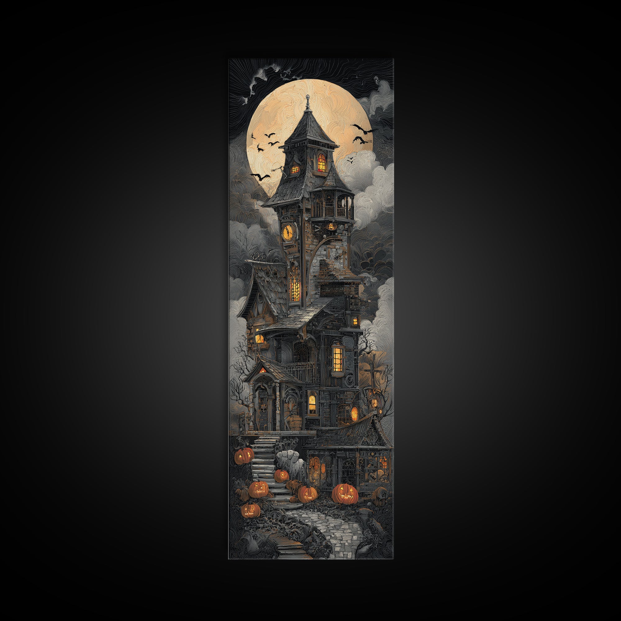 The Clockwork Haunted House, Tall Narrow Wall Art, Dark Fantasy Wall Art, Canvas Print, Halloween Wall Decor, Gothic Home Decor