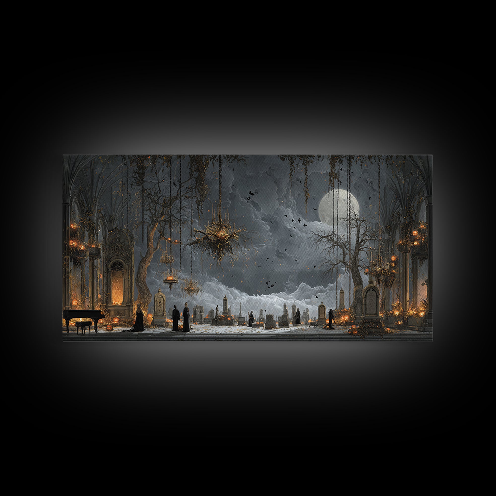 The Upside-Down Cemetery, Wide Panoramic Art, Macabre Wall Art, Framed Canvas Print, Halloween Wall Decor, Gothic Home Decor